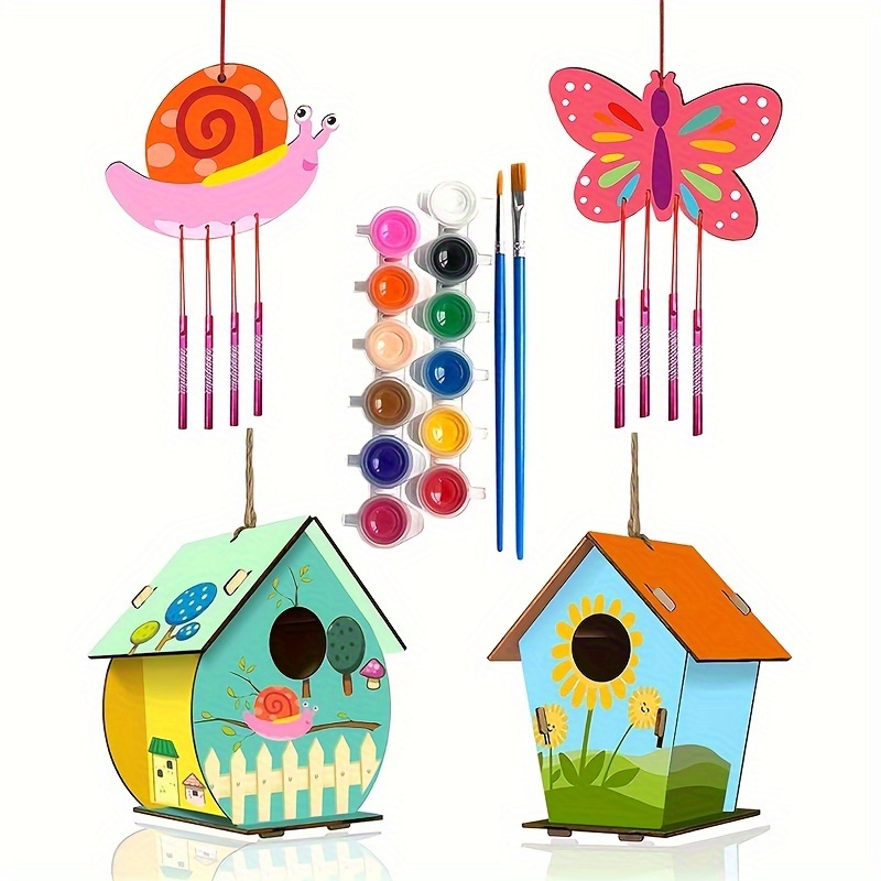 keusn 1pack winter wind chime kit for kids make your own wooden wind chime  diy wood hanging decorations art craft coloring handicrafts gift handmade  wood craft stuff kit for garden home 
