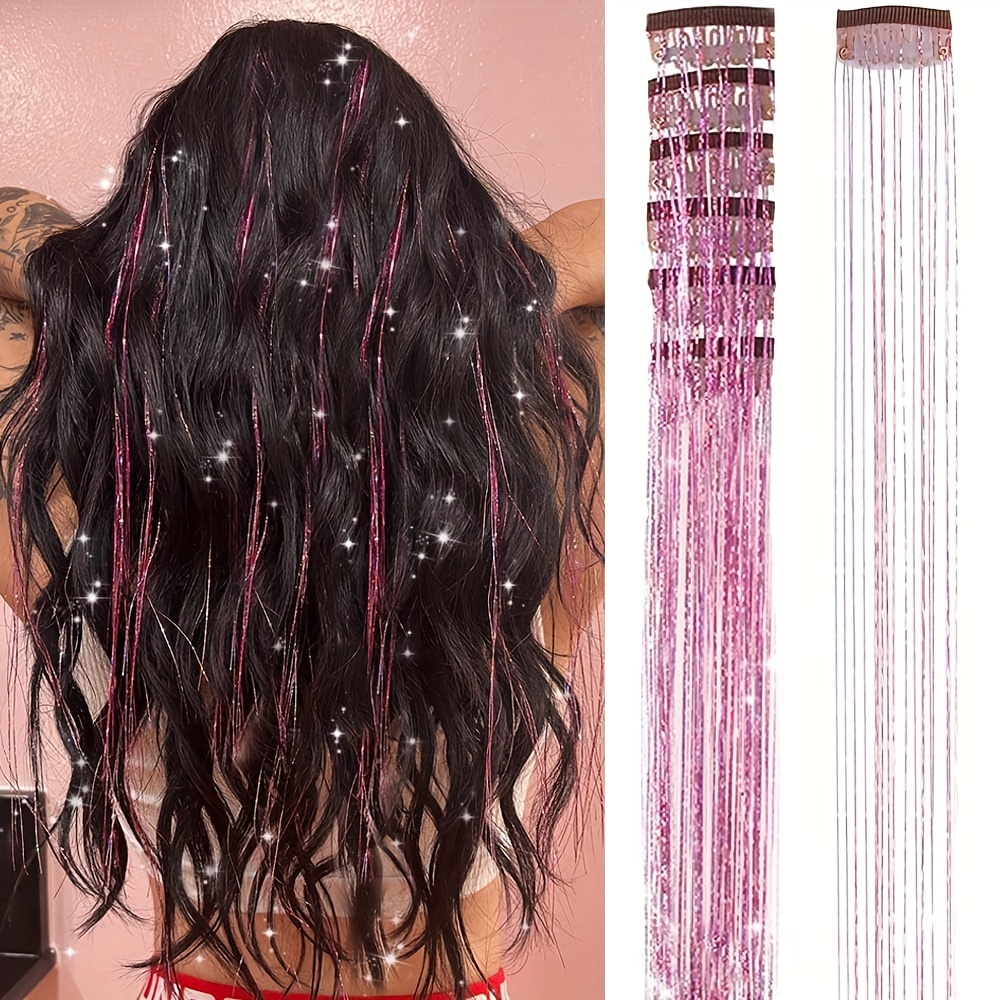 12pcs Clip in Hair Tinsel Kit 20 inch Heat Resistant Fairy Hair Tinsel Kit Glitter Hair Tensile Clip in on Sparkling Shiny Colorful Hair