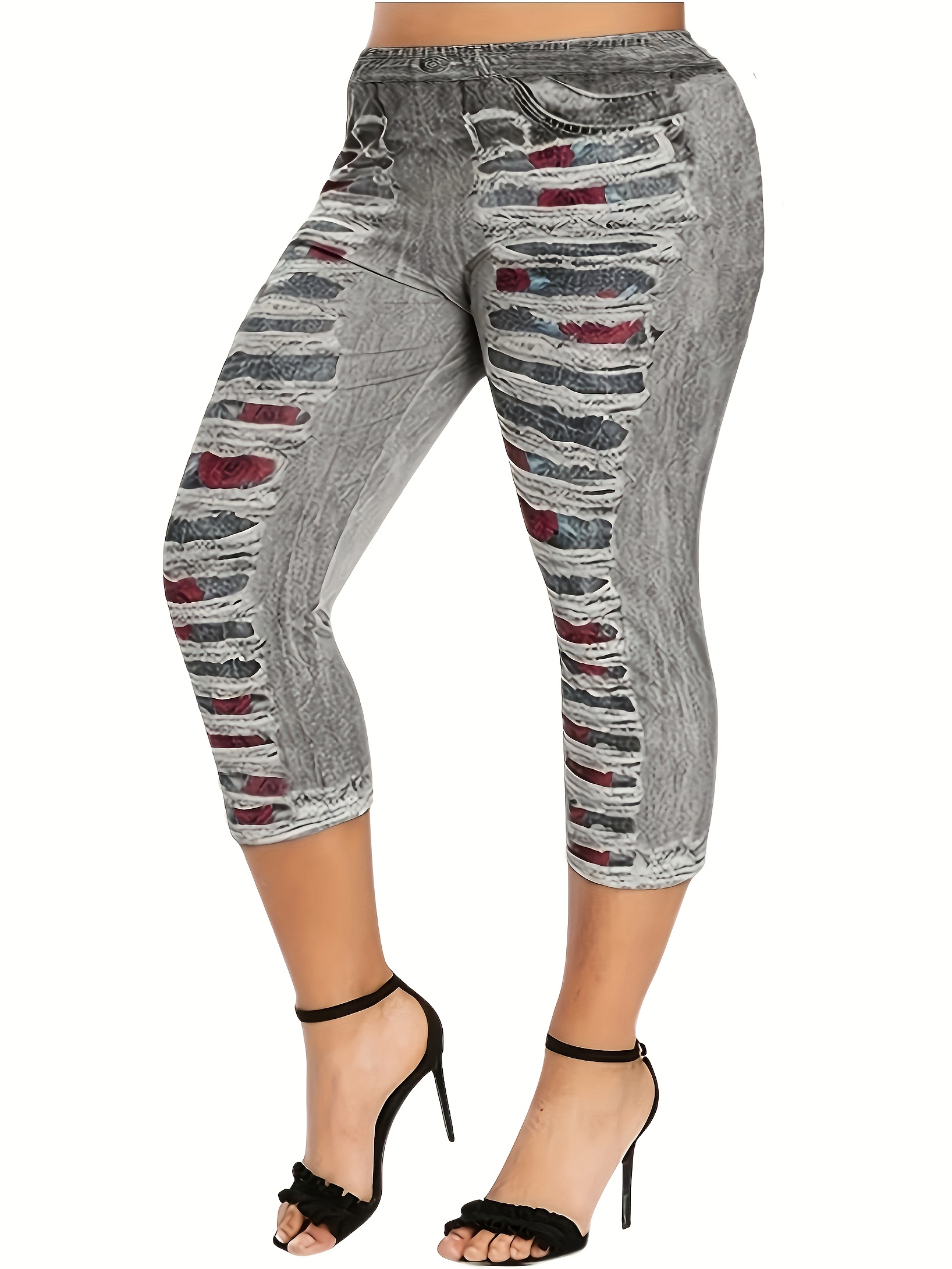 Women's Ripped Leggings Faux Denim Floral Printed Yoga Pants - Temu Canada