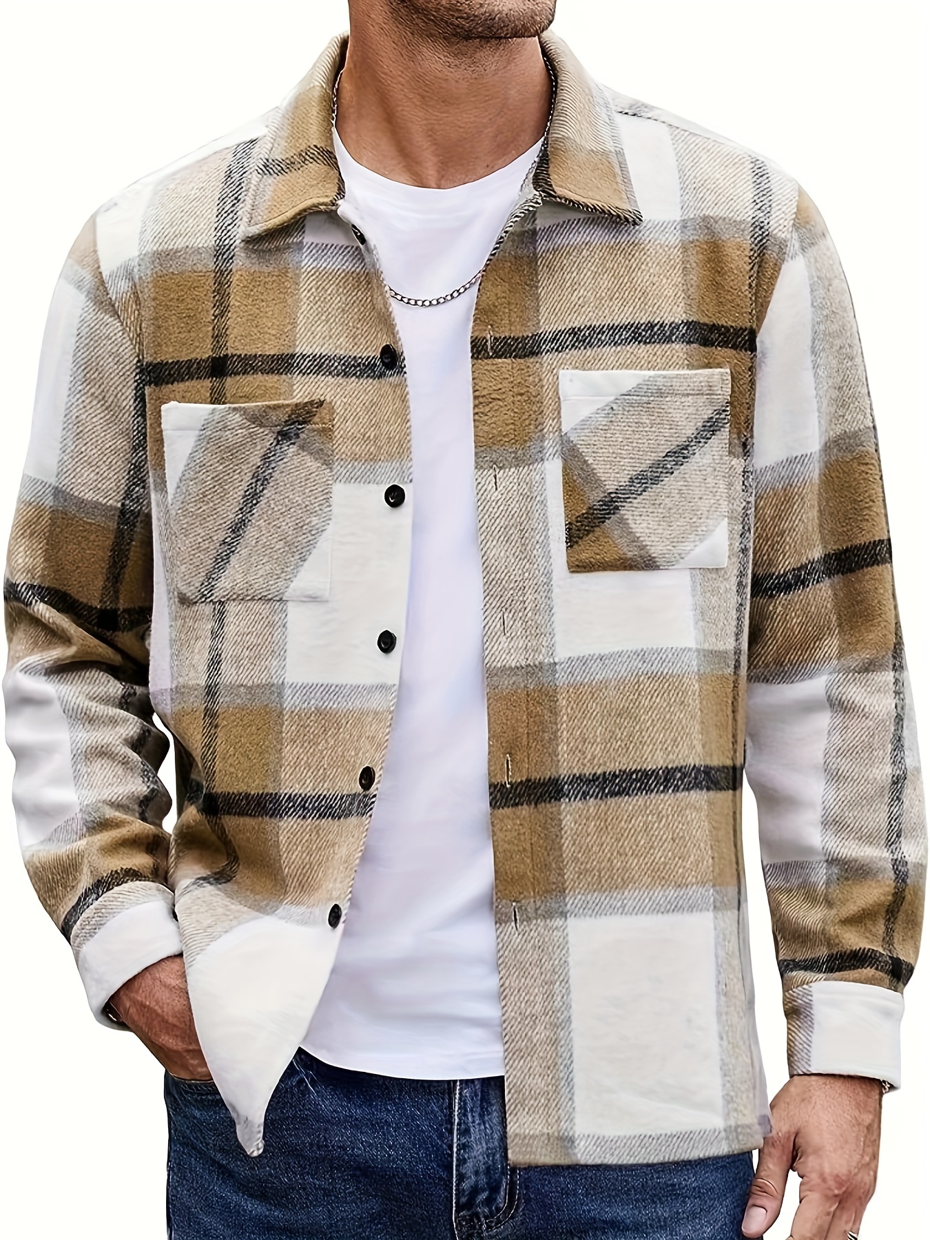 Big Plaid Pattern Men's Fashion Long Sleeve Button Shirt - Temu