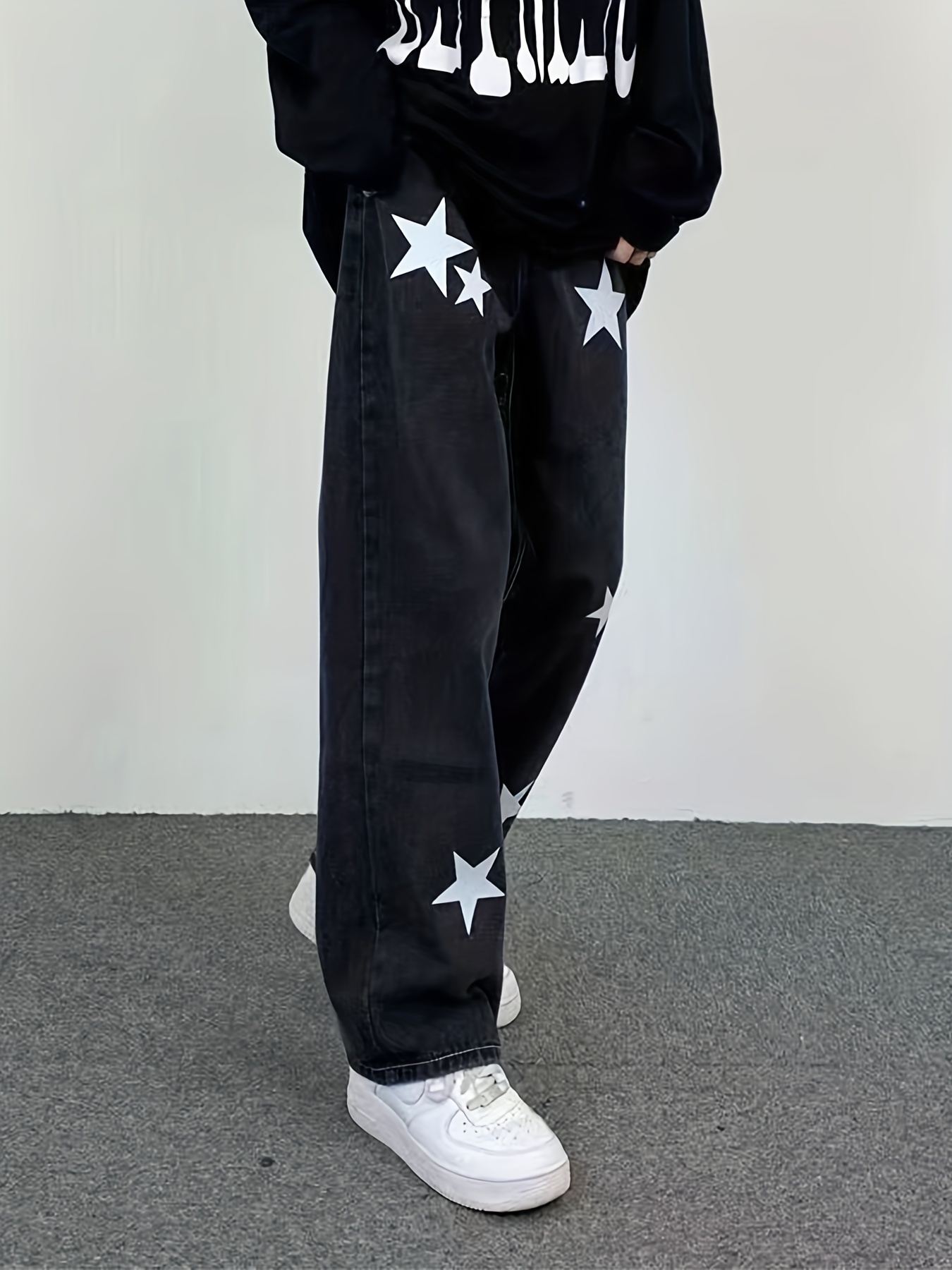 Star Print Patch Pockets Y2k Baggy Jeans Black Loose Casual