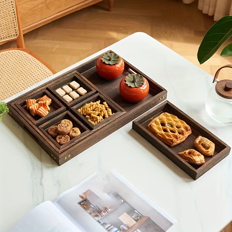 Yangbaga Bandejas de madera rústica con asa, juego de 7 platos  rectangulares para entretenimiento, desayuno, mesa de café, decoración del  hogar