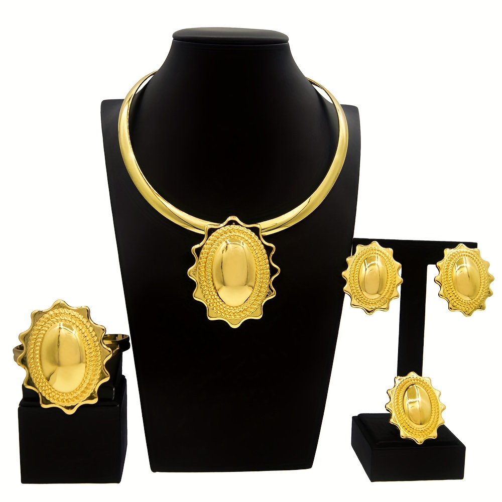 4pcs/set Stainless Steel & 18k Gold Plated Hollow Out Necklace, Earrings &  Ring Fashion Jewelry Set For Women