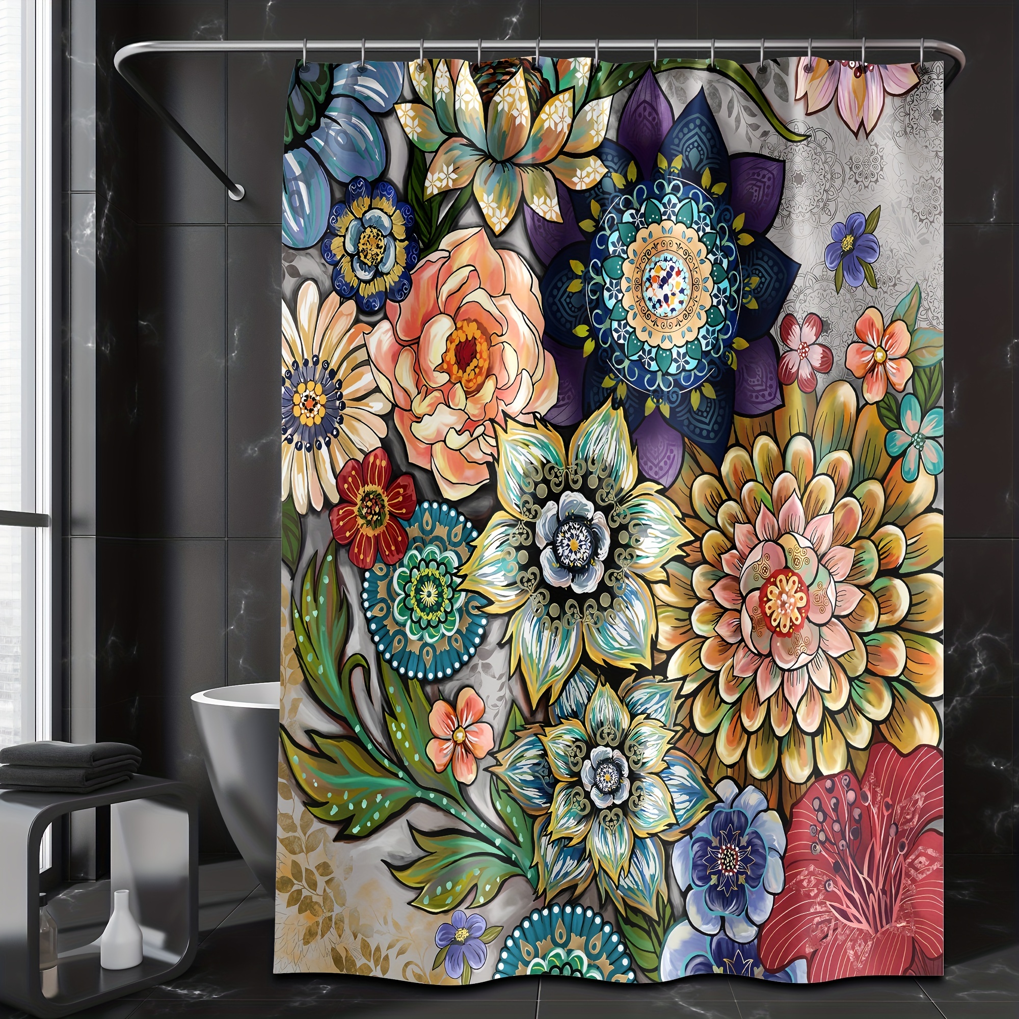 Colorful Floral Shower Curtain with 12 Hooks