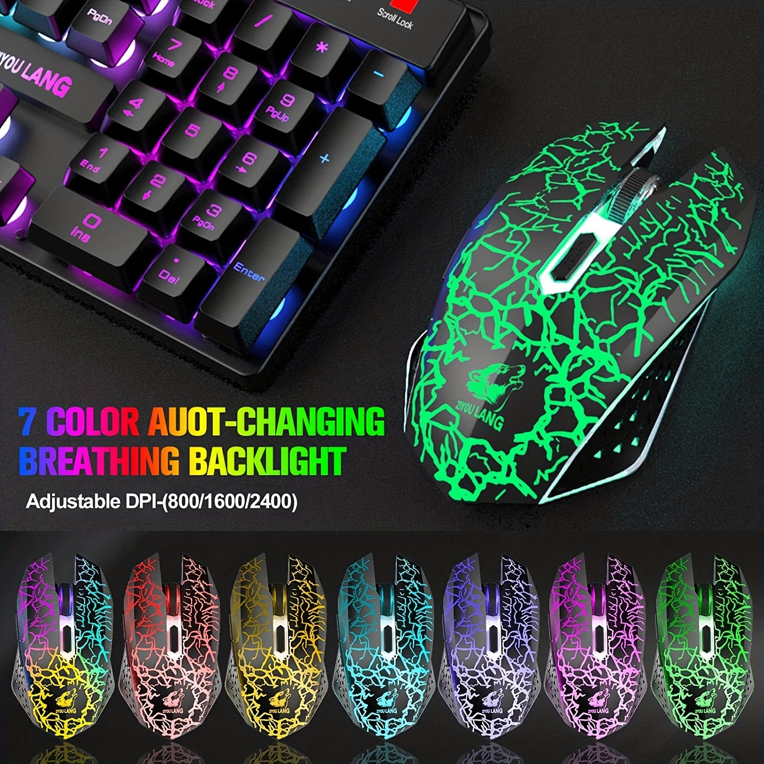Wireless Gaming Keyboard and Mouse Combo with Mouse Pad, Rainbow LED  Backlit Rechargeable Battery Mechanical Ergonomic Feel Dustproof 7 Color  Backlit