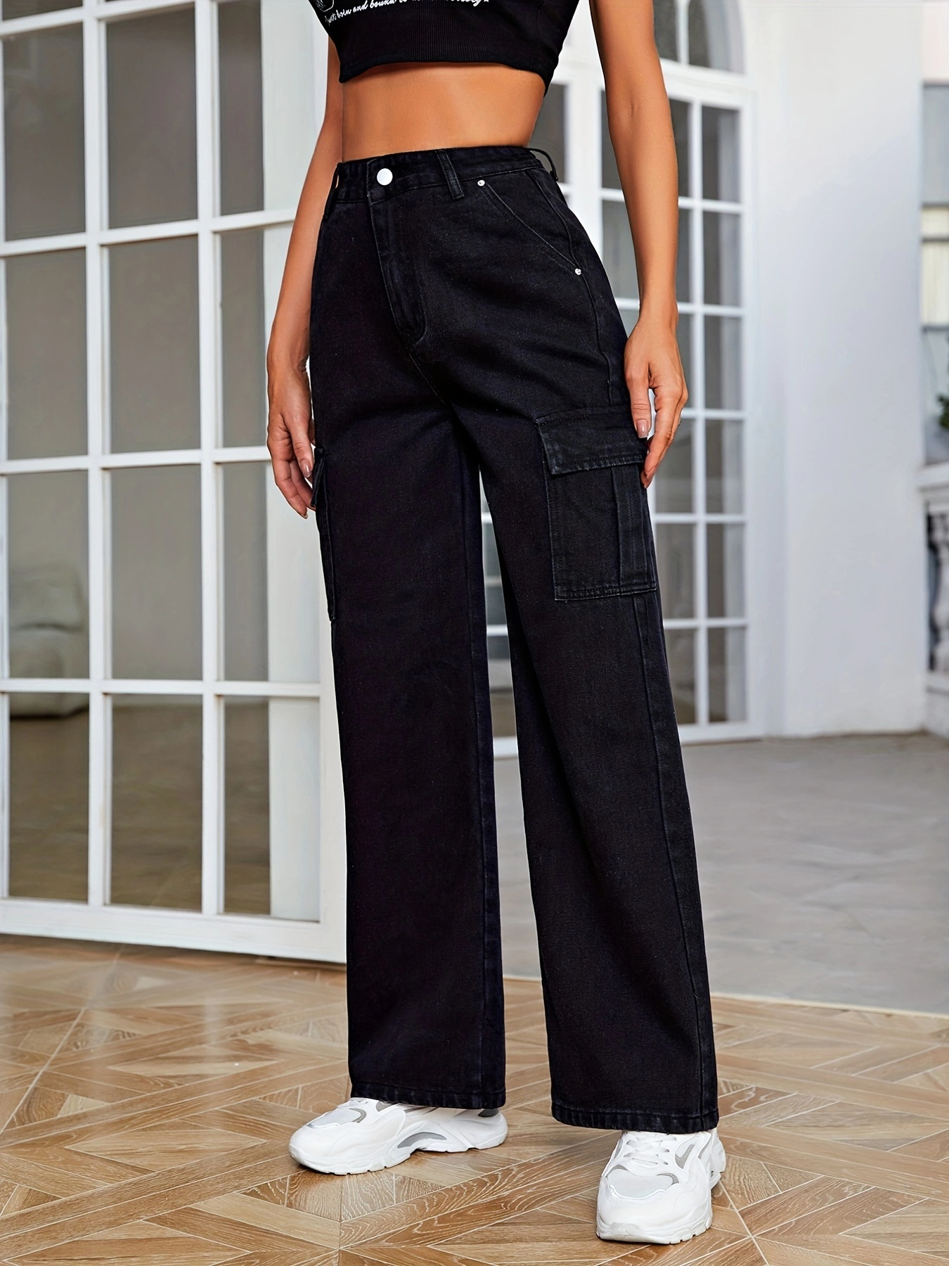 Black Flap Pocket High Rise Denim Cargo Pants, Solid Color Wide Leg Casual  Cargo Jeans, Kpop Y2k Style, Women's Denim Jeans & Clothing