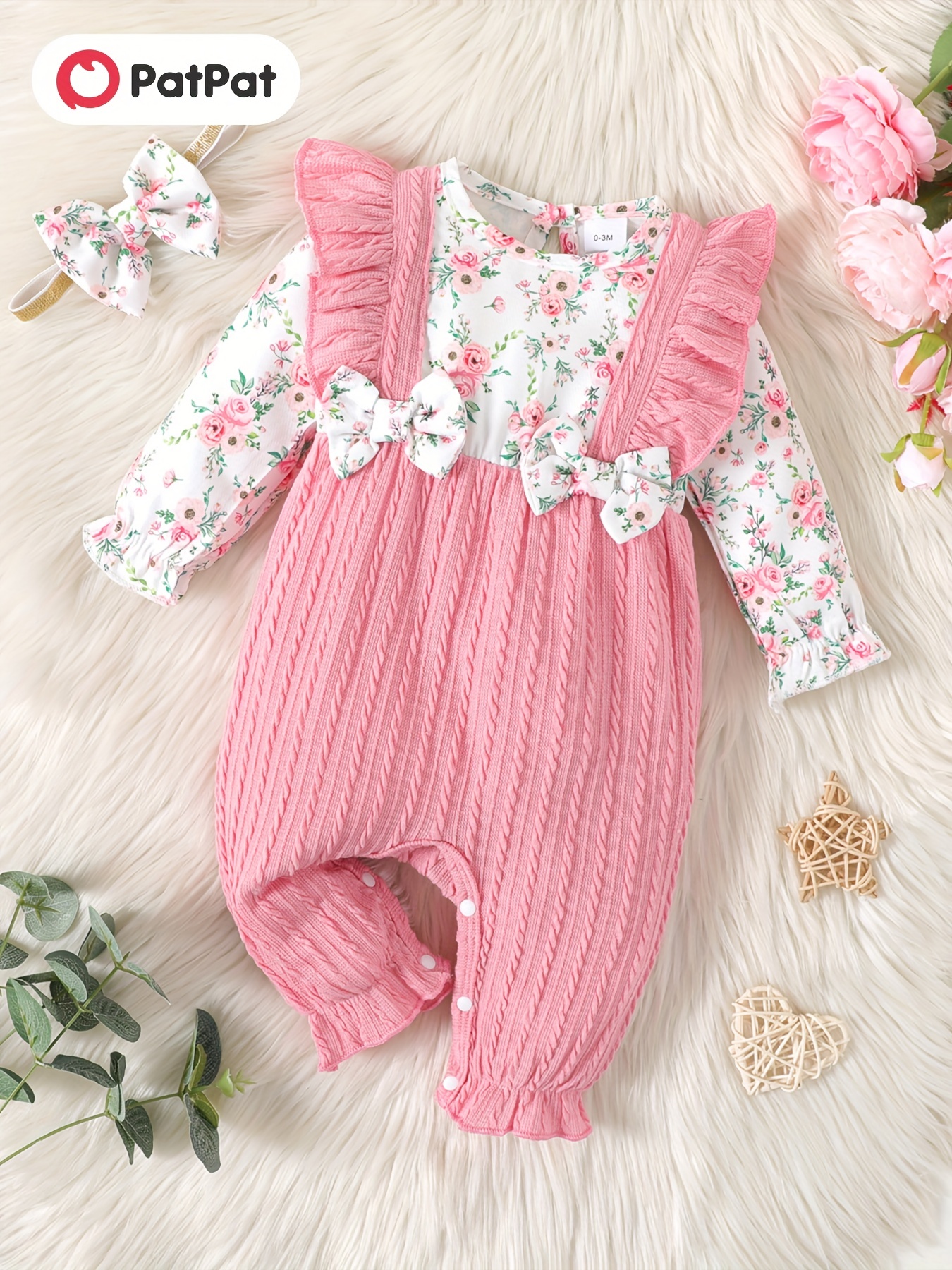 Baby Girl Rib Knit Bow Front Spliced Floral Print Cami Romper