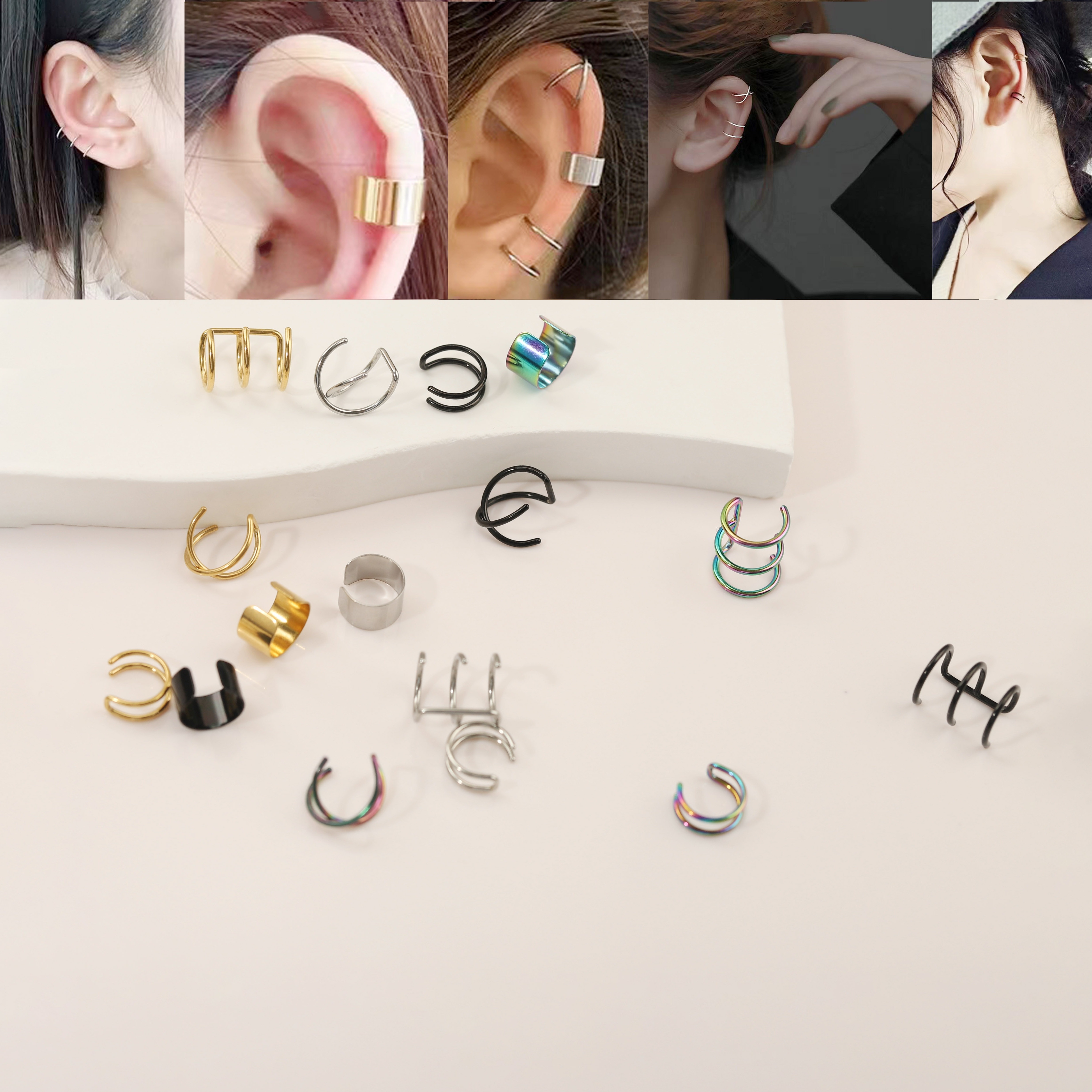 

4pcs Stainless Steel Fake Piercing Earrings For Men And Women, Clip On Ear Buckle, Ear Bone Clip, Body Fake Piercing Jewelry Set