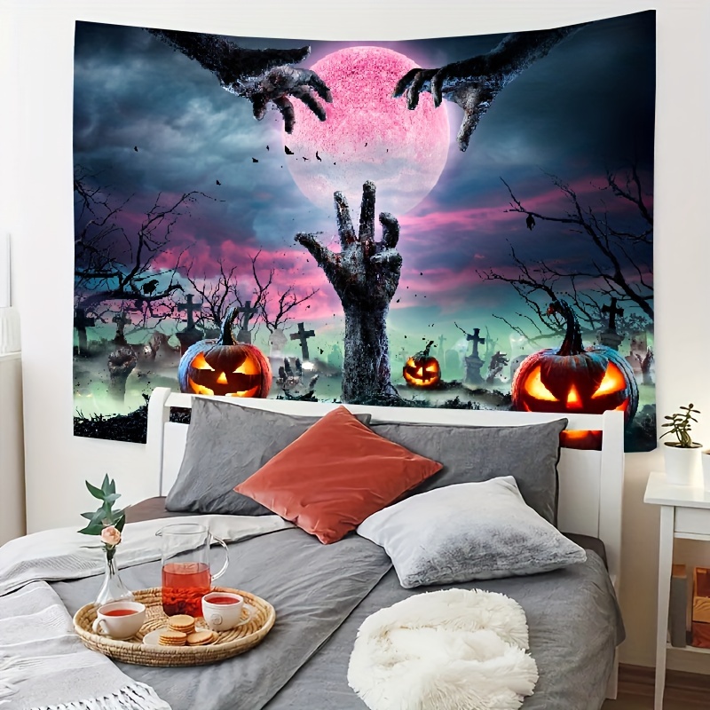 halloween scene of tomb with hands and carving pumpkins scary magical background halloween theme tapestry for home decor details 8