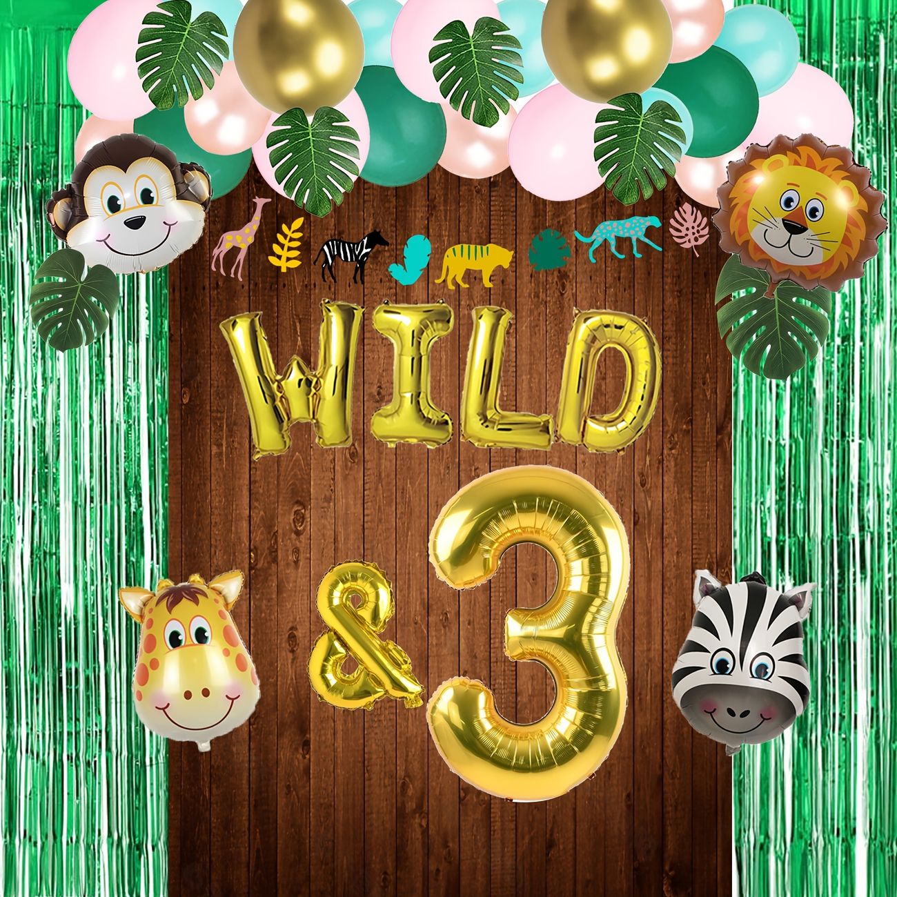 50pcs Wild And Three Safari Animal 3rd Birthday Decorations Zoo Theme Animal  Garland Balloon Arch Tropical Palm Leaves Green Foil Curtain Jungle Wild  Animals Backdrop Decorations For Boy Girl Birthday Party -