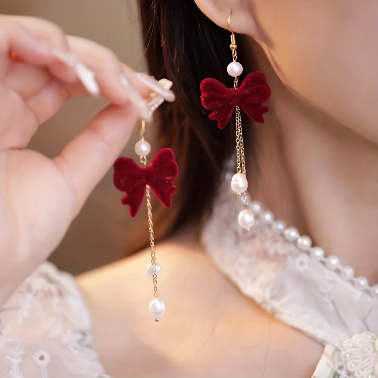 Christmas Red Flocking Bow Faux Pearl Decor Dangle Earrings Retro Elegant Style Zinc Alloy Jewelry, Jewels Delicate Christmas Ear Ornaments, Free