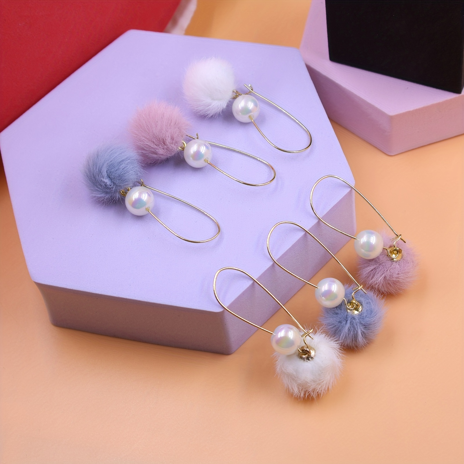 Korean New Fashion Mink Fluffy Pom pom Hairball Imitation Pearl Long Dangle  Earrings For Women Trendy