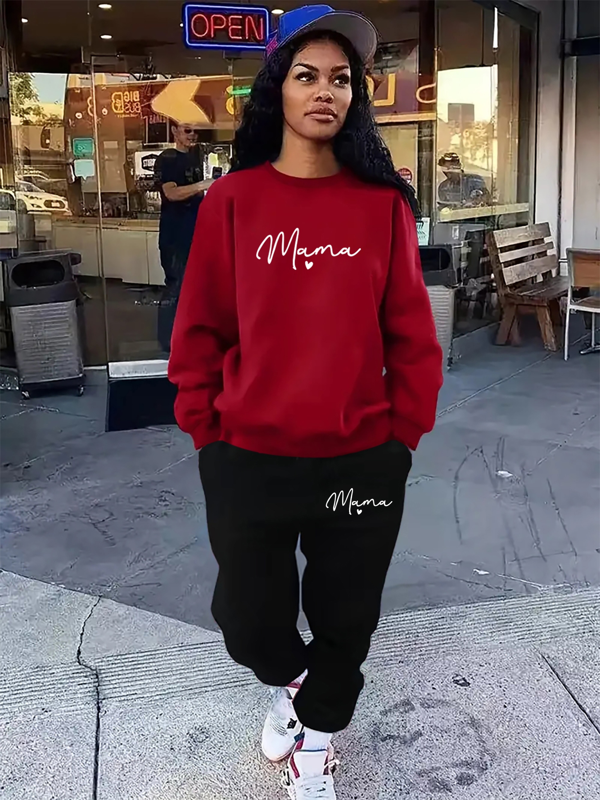 Red crew neck online outfit