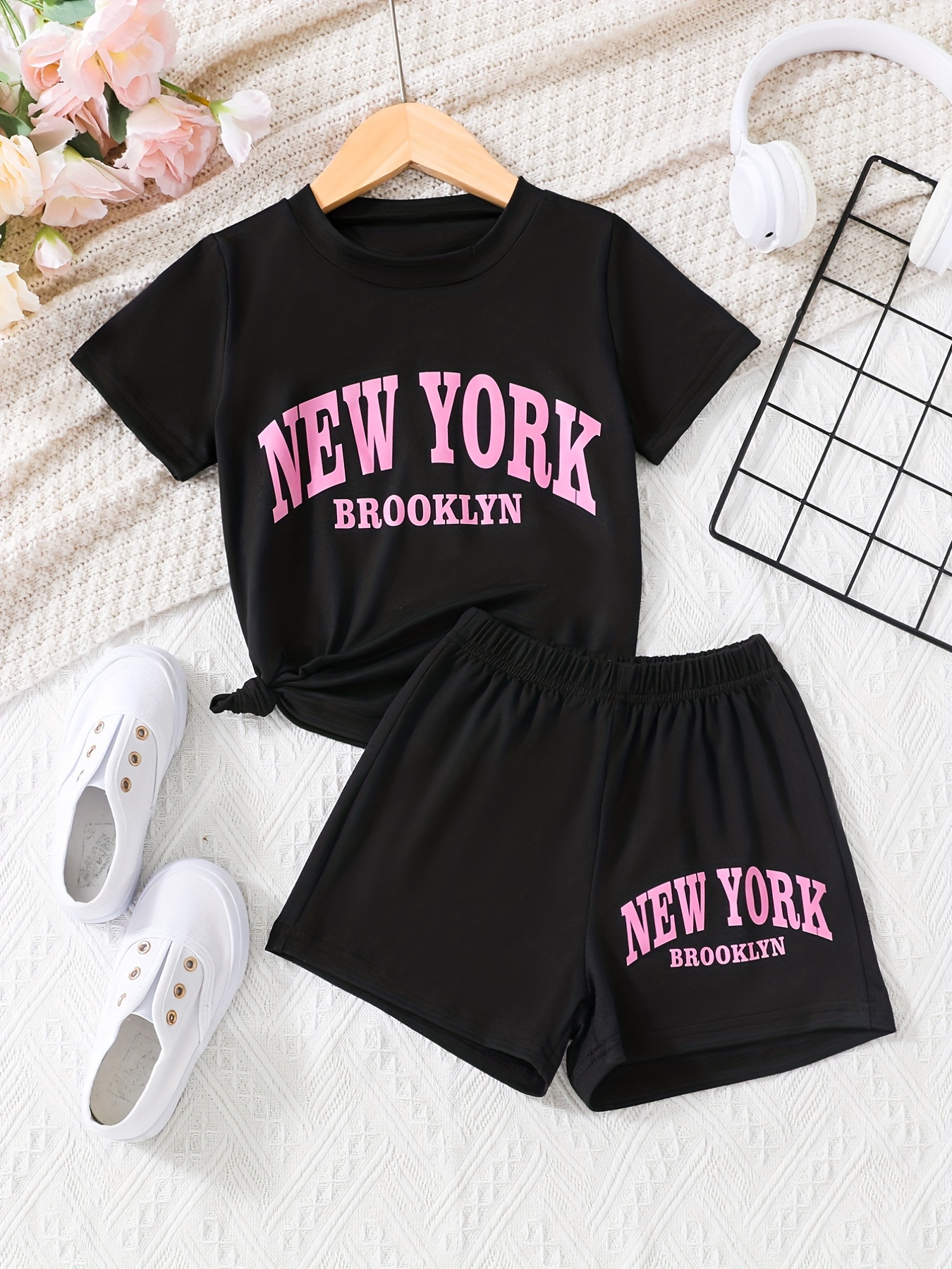 Girls 2pcs T Shirt Elastic Waist Shorts New York 19 Print Color