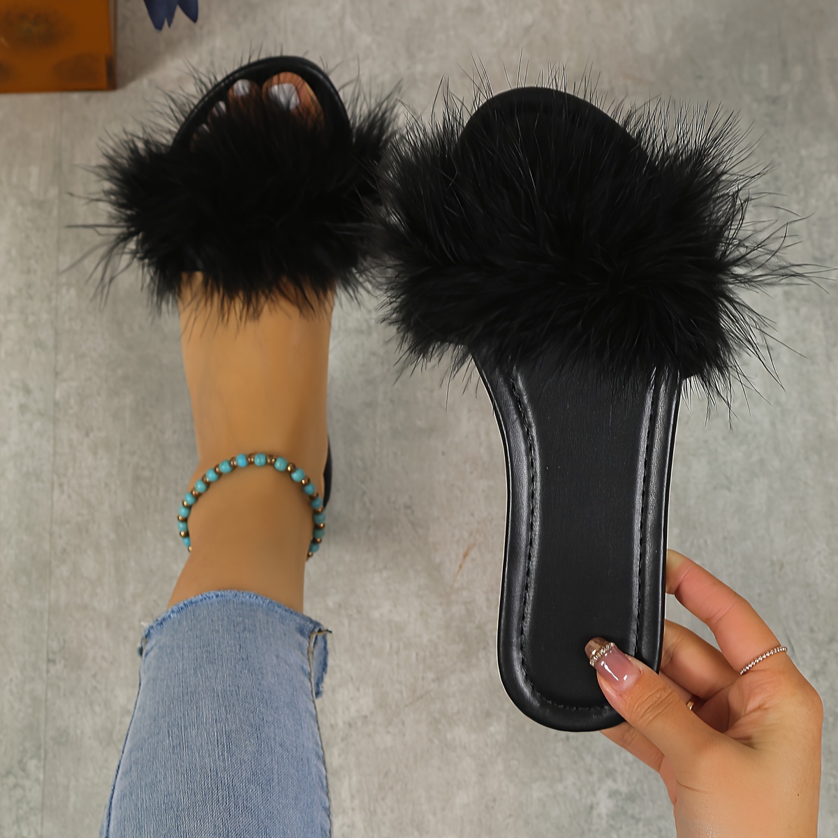 Women s Fluffy Faux Leather Trendy Slides Solid Color Flat