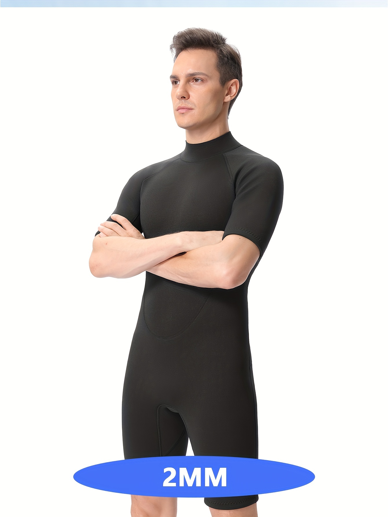 REALON Men's 2mm Skinny Fit Solid Color Short Sleeve Wet Suit, Back Zip  Quick-drying Full Wet Suit For Surfing And Water Sports