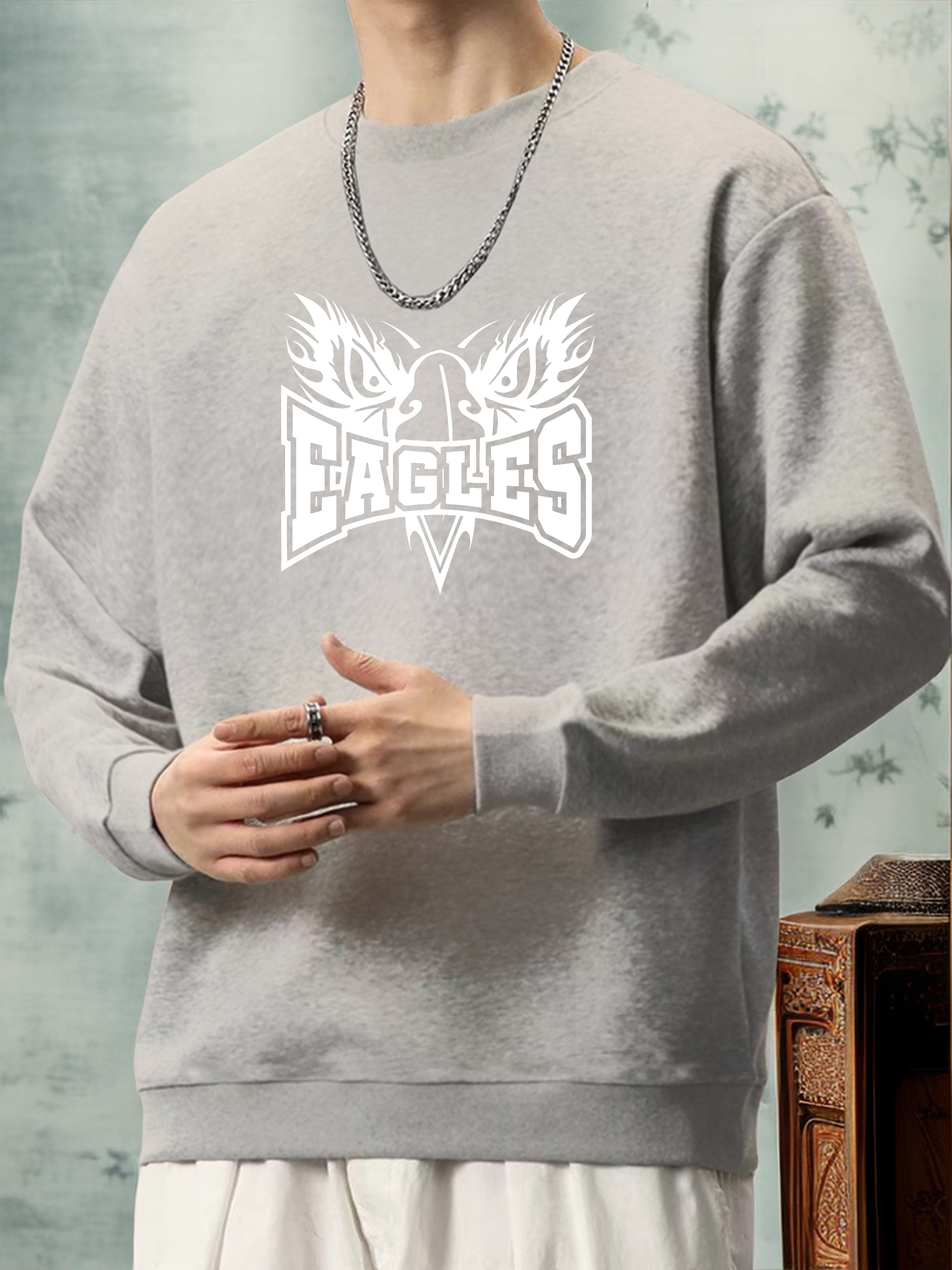 Eagles Graphic Print Mens Casual Creative Long Sleeve Crew Neck Sweatshirt  Crew Top Comfy Slight Stretch Stylish Mens Clothes Outdoor - Men's Clothing  - Temu