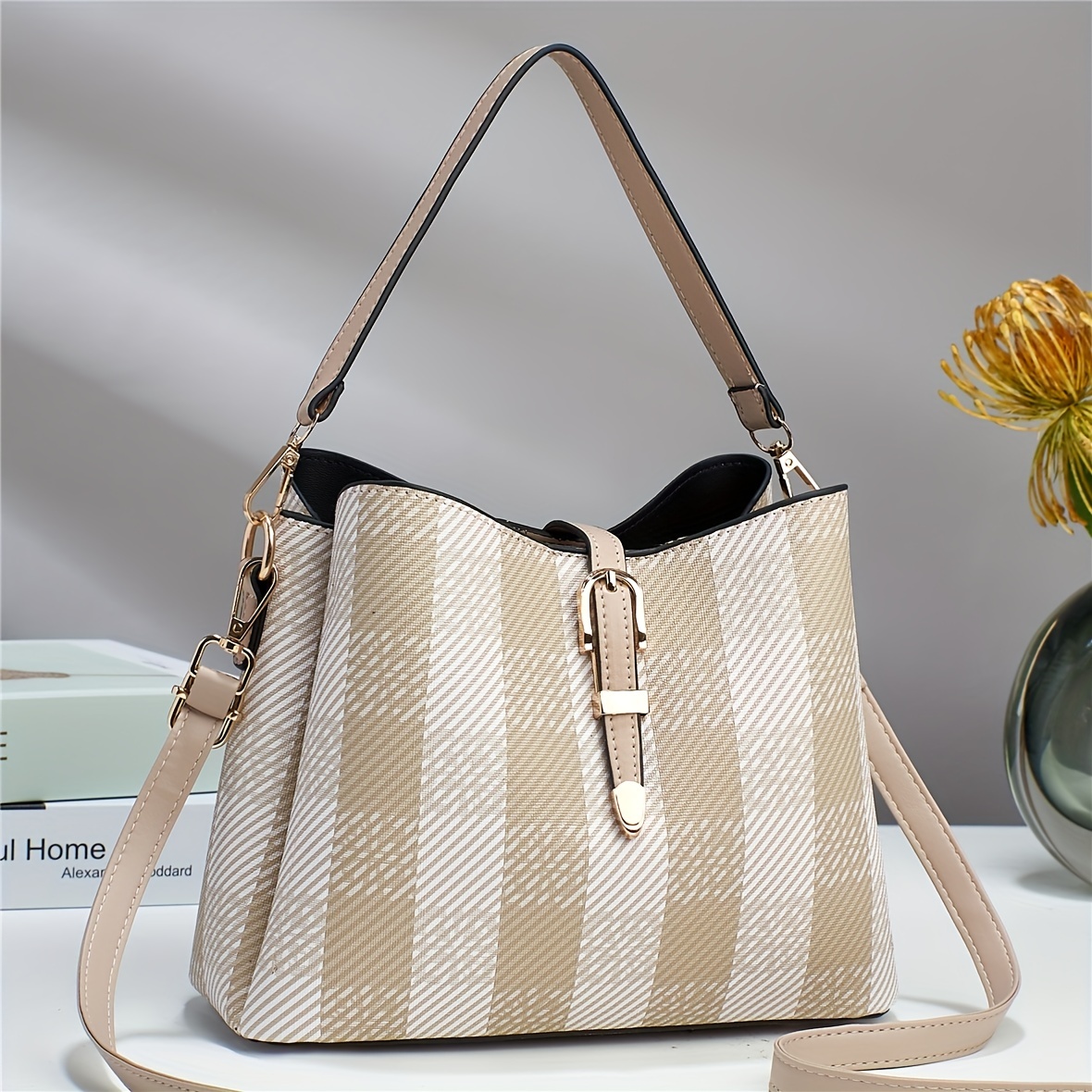 Plaid Pattern Bucket Bag Wide Strap Crossbody Bag Trendy Pu Leather  Shoulder Purse - Bags & Luggage - Temu