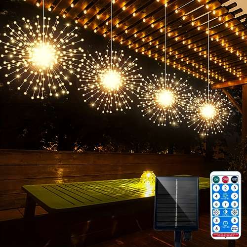 4 pack hanging solar firework lights 480 led starburst lights copper wire outdoor waterproof lights timer 8 modes remote control halloween decorations lights outdoor for patio umbrella eave garden tree christmas lights warm white multicolor