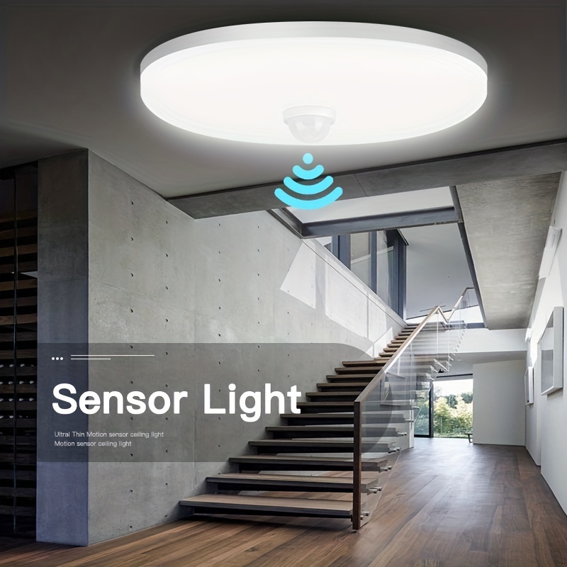 Luces de techo LED con sensor de movimiento, lámpara de techo moderna de 20  W, lámpara de techo cuadrada negra con cable, lámpara de pared activada