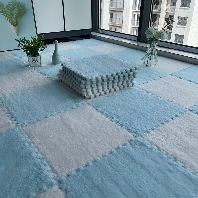 36 Pcs Plush Puzzle Foam Floor Mat,12X12 Inch Square Interlocking Carpet  Tiles with Border,Soft Crawling Carpet Mats,Shaggy Area Rug for Room