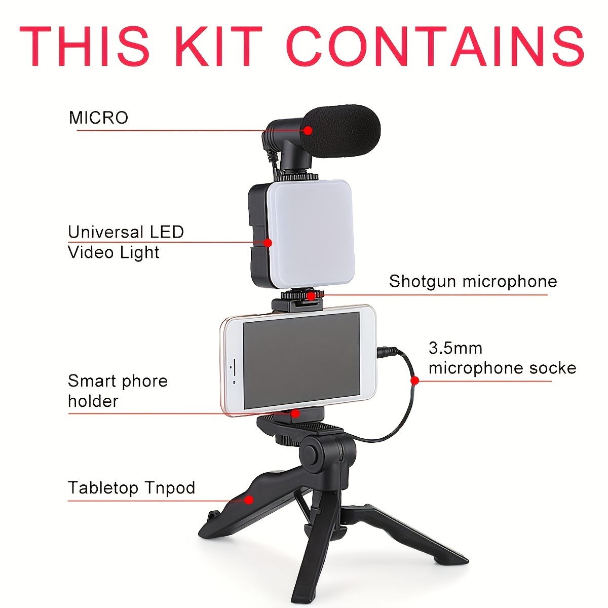 Kit Streaming tripode + microfono + luz led + soporte p/camara/smartphone