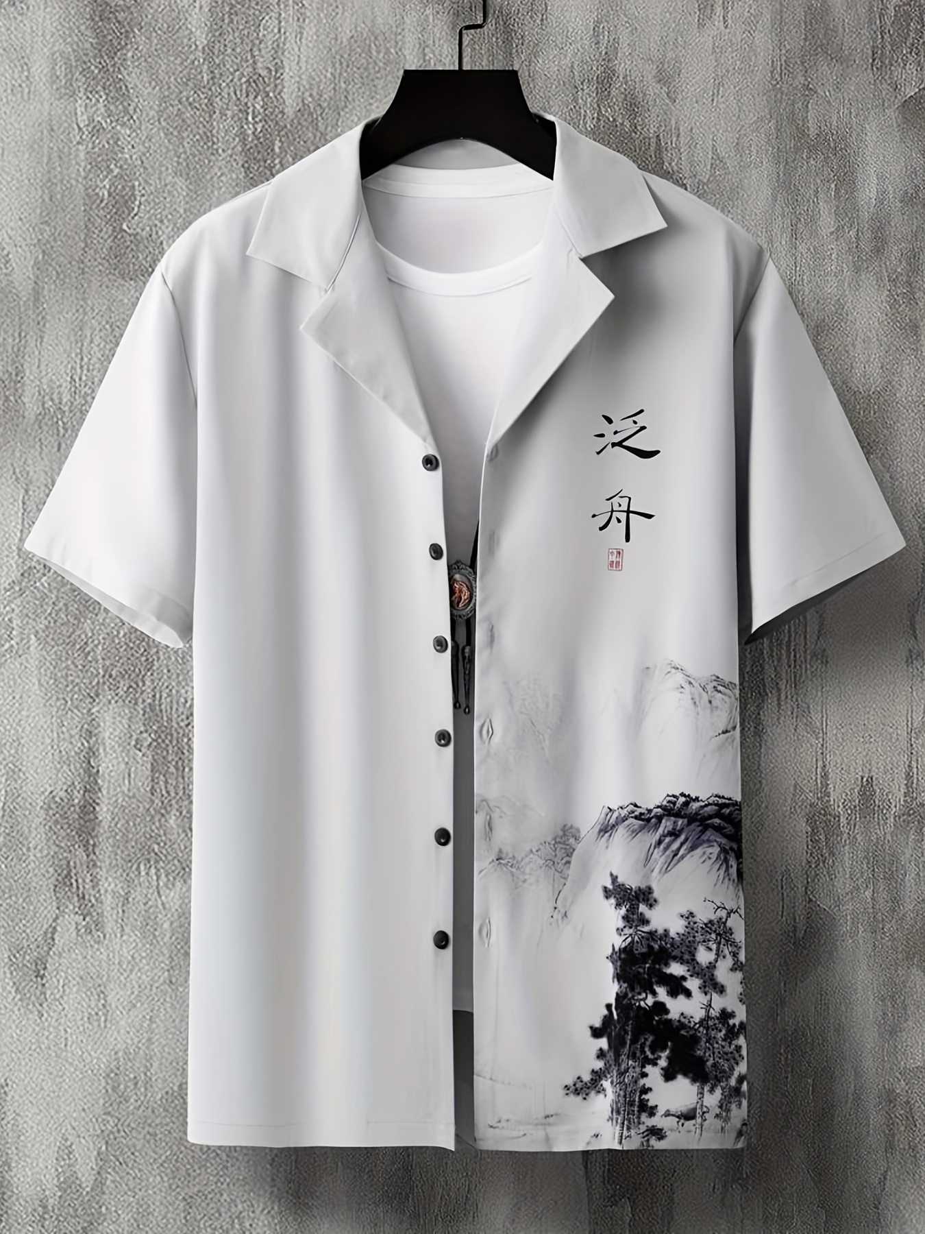 Plus Size Men&#39;s Ink Painting Graphic Print Lapel Shirt With Short Sleeves For Summer, Men Casual Clothing