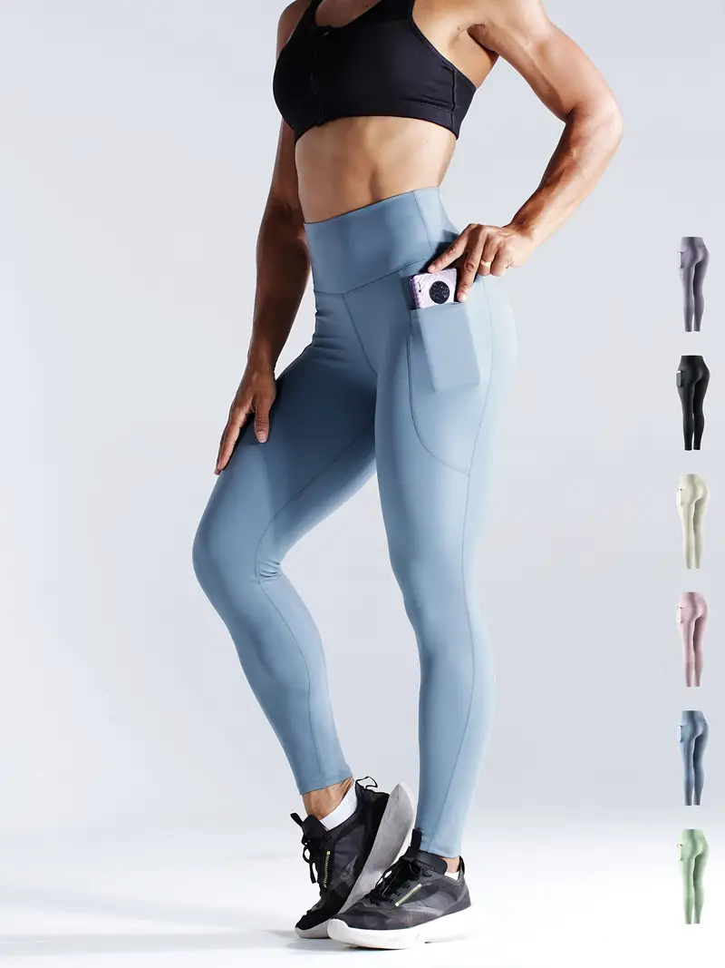 Light Blue High Waist Side Pockets Yoga Leggings, Breathable Quick Drying  Marathon Running Fitness Sports Pants, Women's Activewear