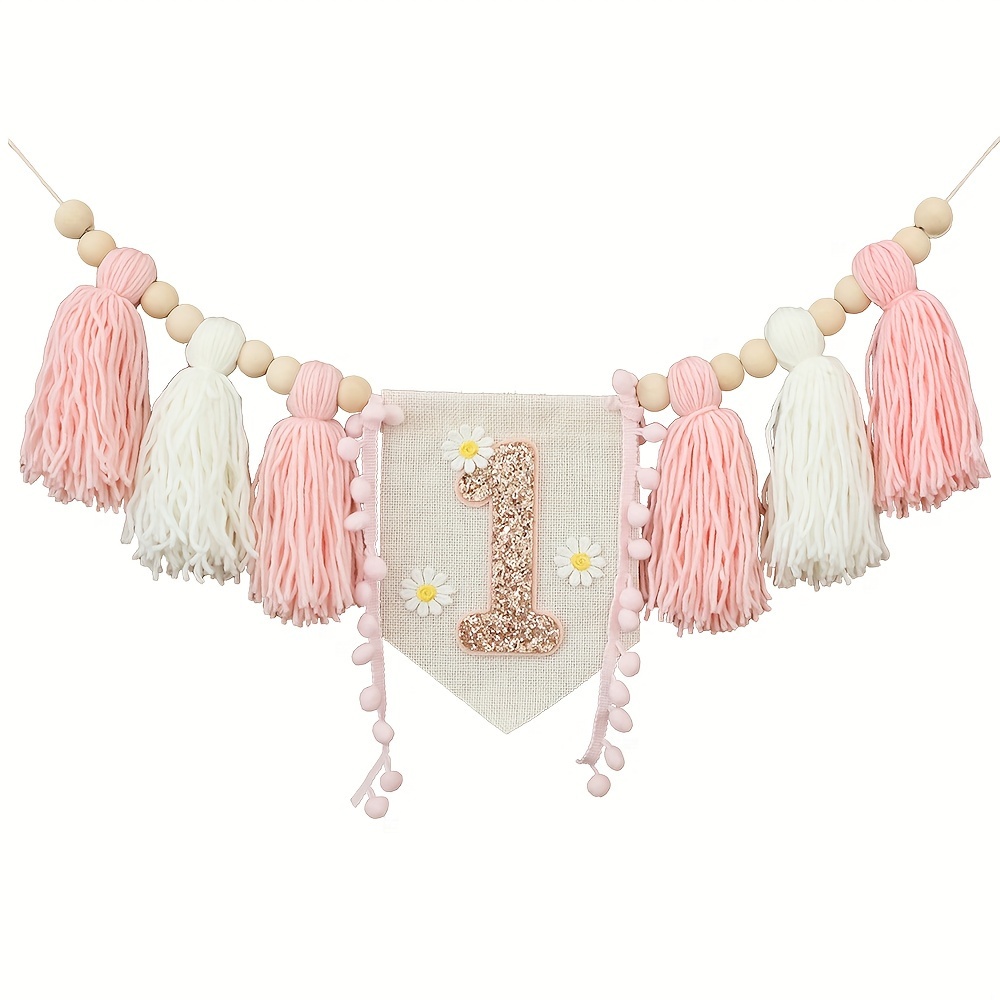 Image of Handmade Boho Daisy Pink White Tassel Garland Banner Is Suitable For Birthday Party Decorations, Highchair Decorations, Room Decorations, Window Decorations
