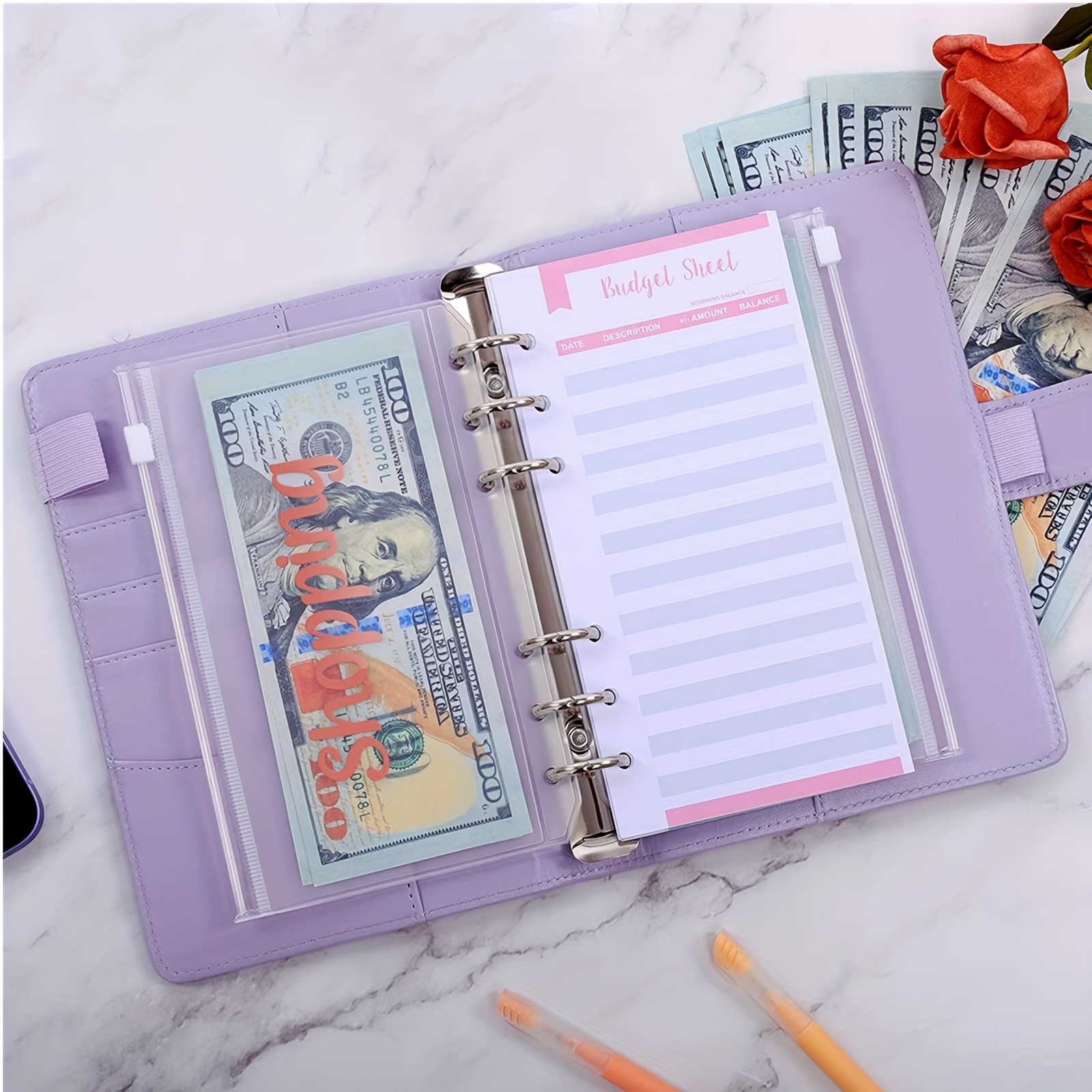 Budget Folder with Cash Envelope - Black Cash Storage Box, A6 Budget Folder with Cash Envelope, Money-Saving Folder with Rose Golden Stickers,Temu