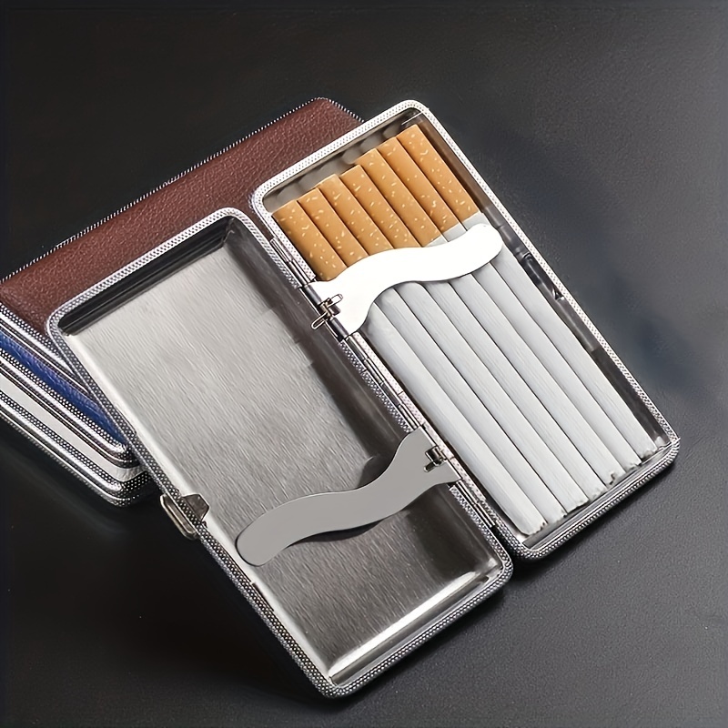 Retro Metal Leather 20 Cigarette Case Double Sided Spring Clip Open Pocket Cigarette  Lighter (gold)