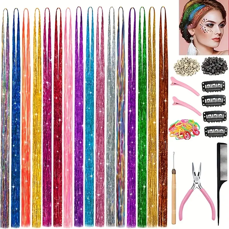 Hair Tinsel Kit, 16 Colors 48 Inches, Fairy Hair Tinsel Hair Extensions, Human Hair Extensions Heat Resistant with Tools and Rhinestone, Hair