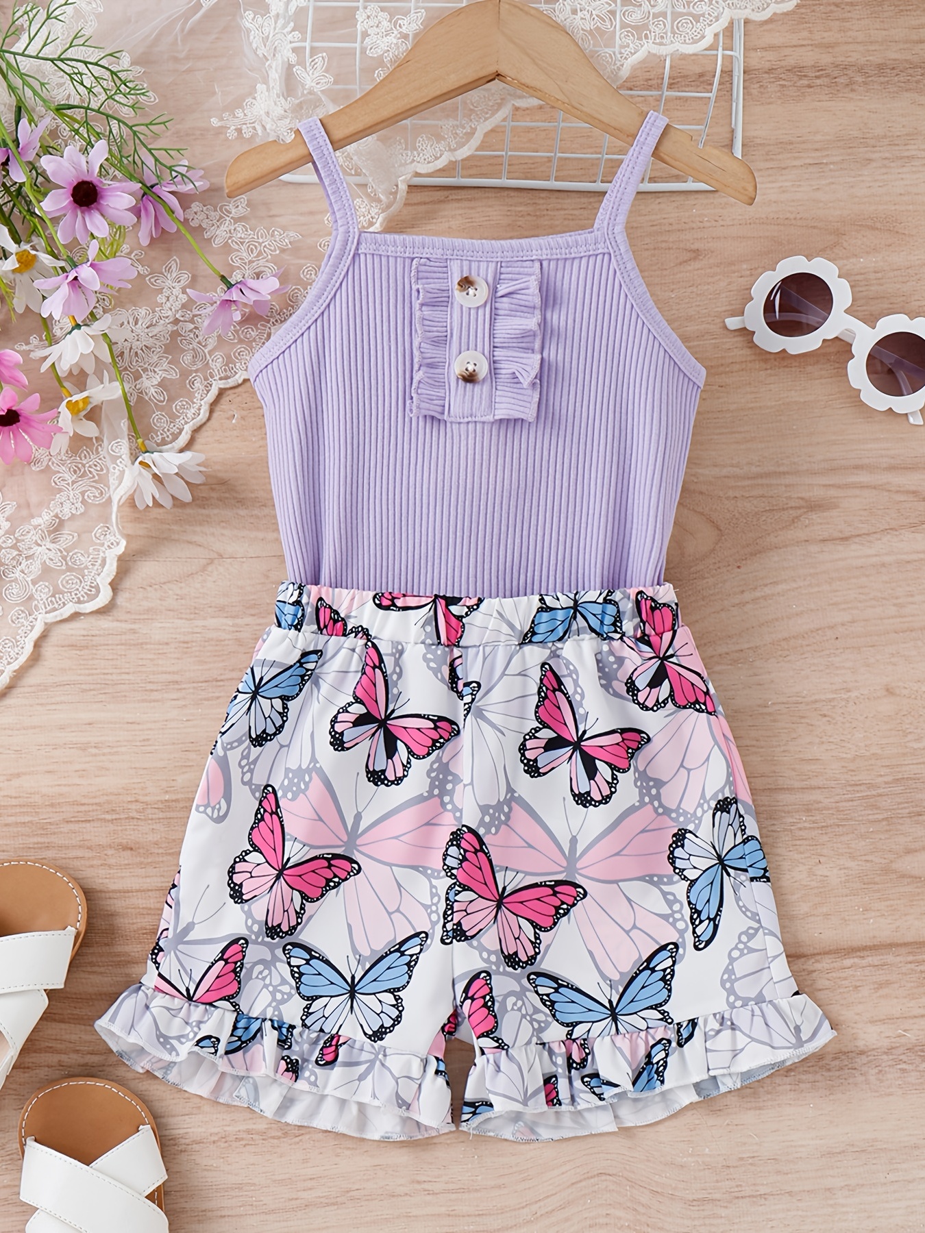 2pcs Toddler Girl Butterfly Print Camisole and Elasticized Shorts Set