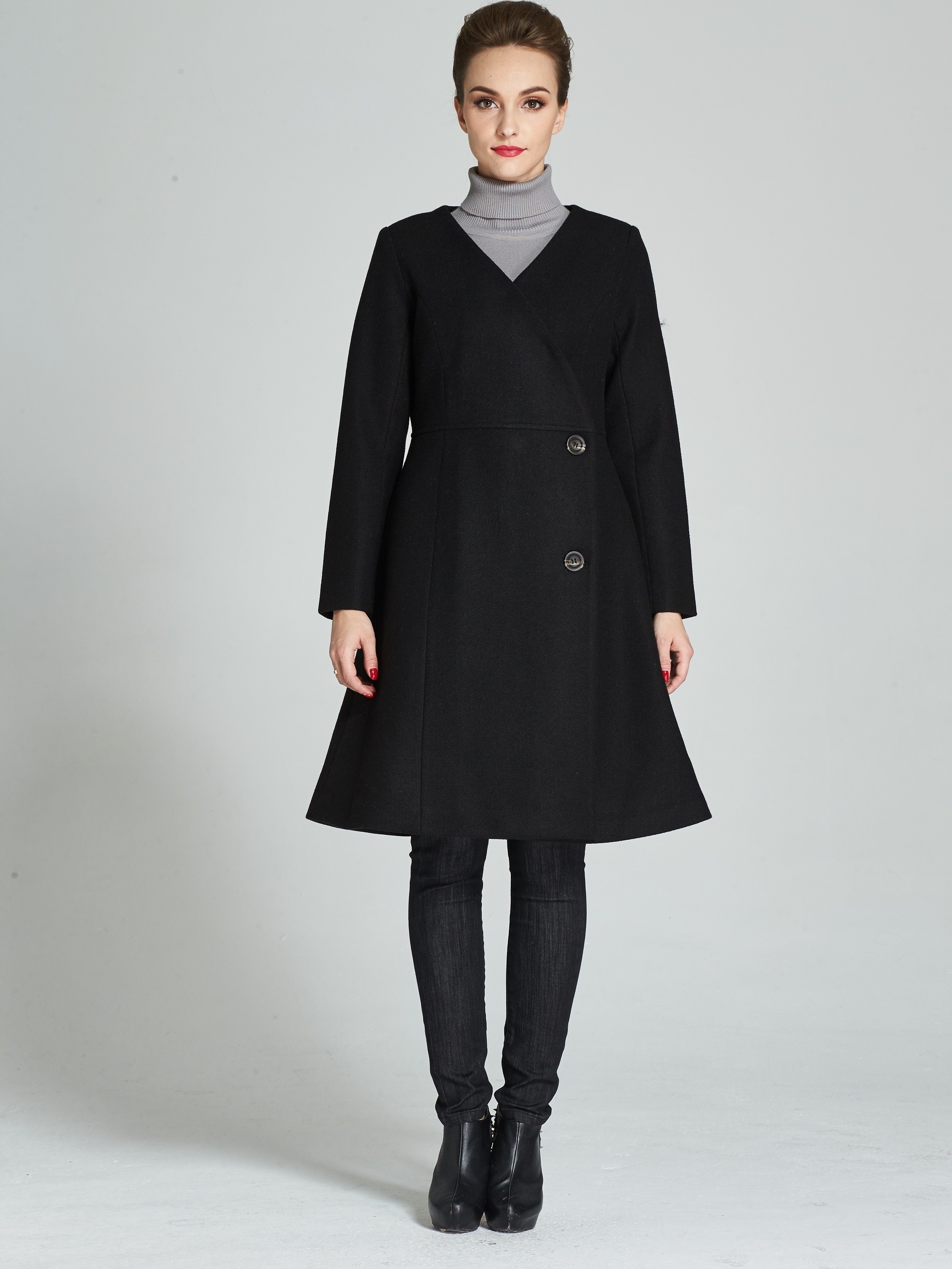 Button Front Surplice Neck Coat Elegant Solid Long Sleeve - Temu