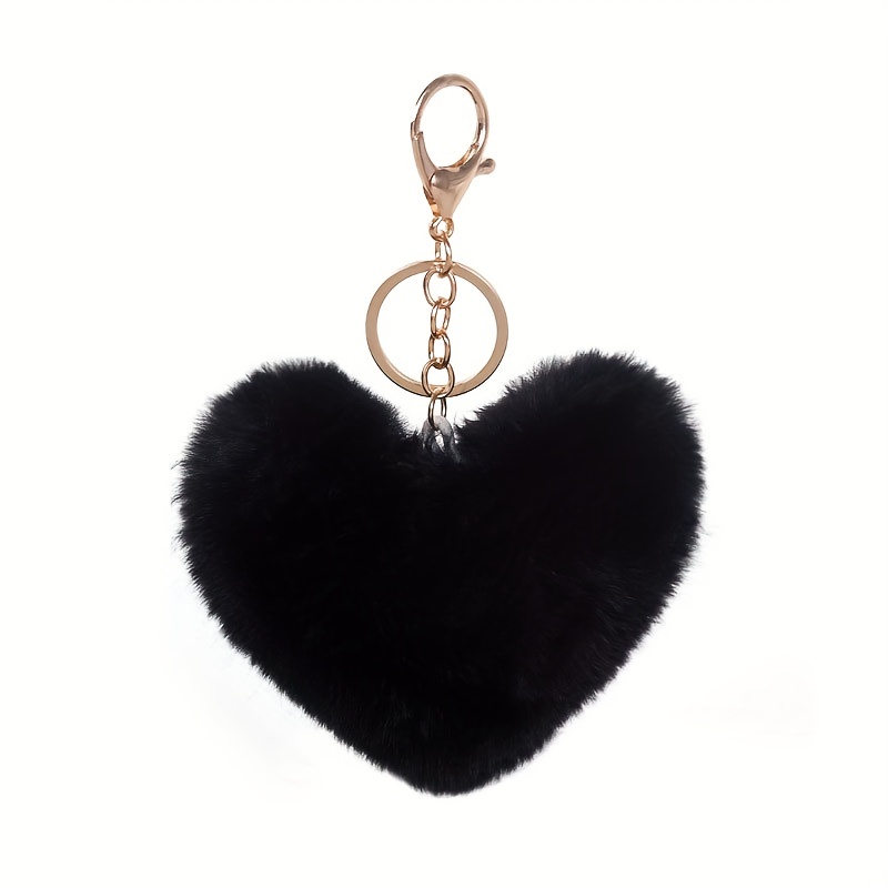 New Plush Heart Pom Pom Keychain - Black