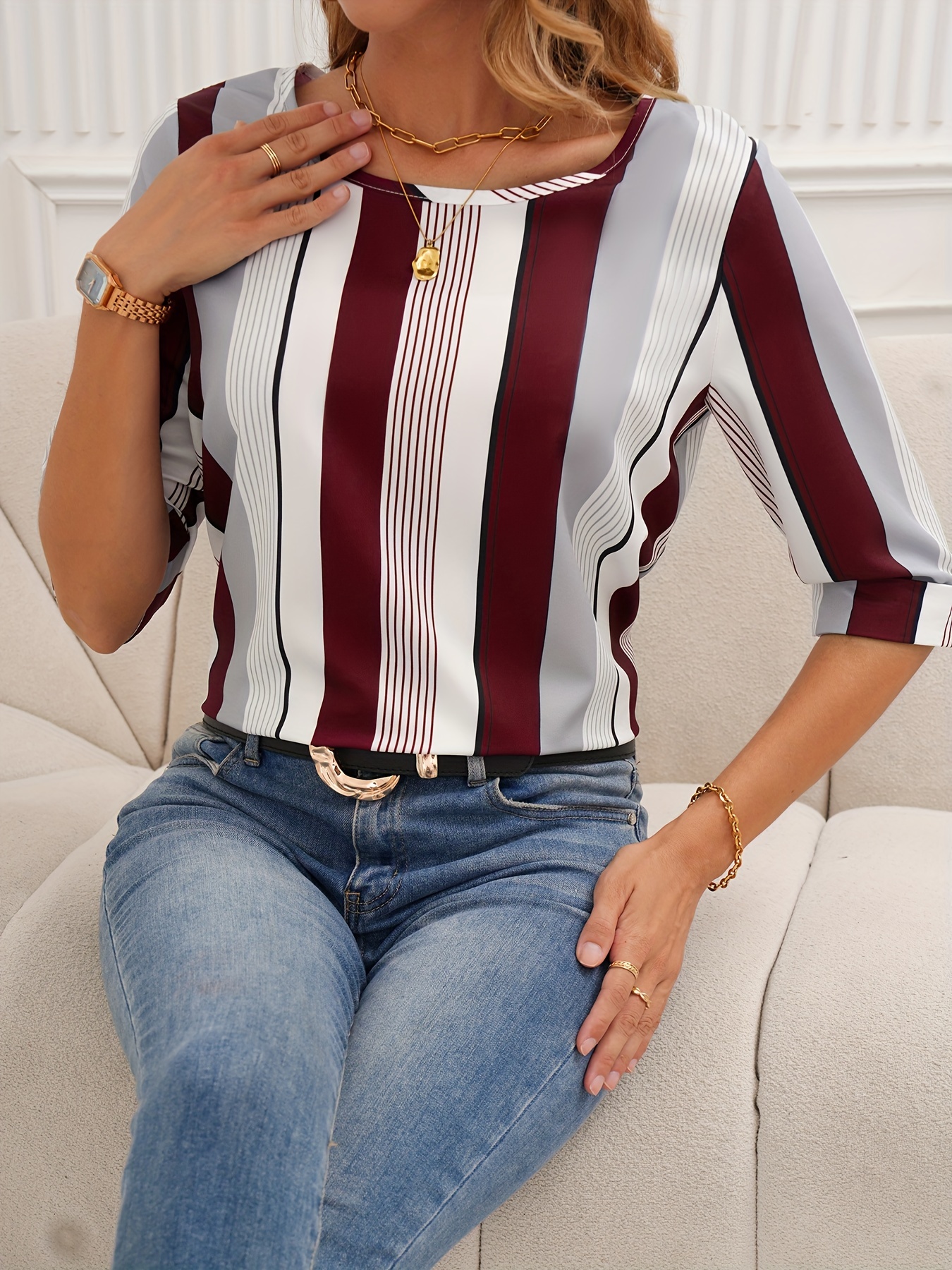 RQYYD Clearance Womens Tops Stripe Tees Casual 3/4 Sleeve Blouse