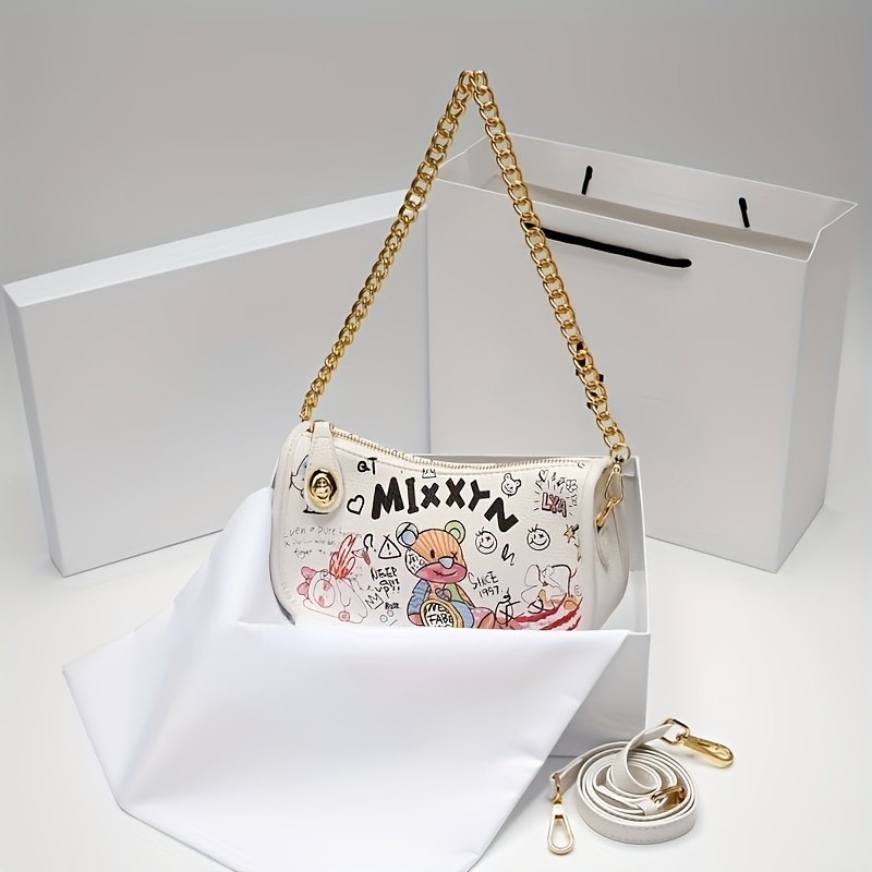 Women's Cartoon Graffiti Bear Printed Leather Shoulder Bag