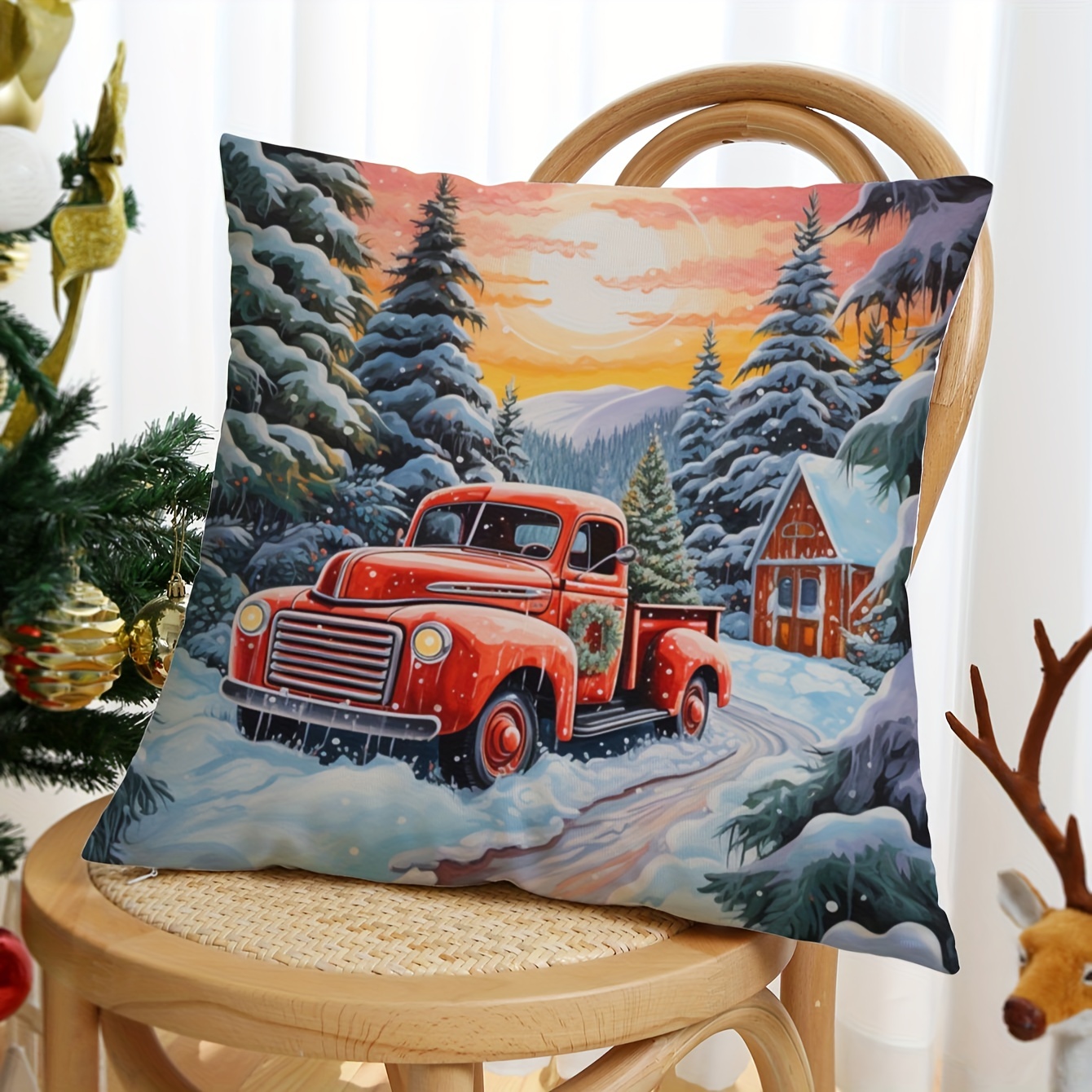 TEMU Rustic Snowy Truck Christmas Pillow Cover - Zippered Polyester For Living Room Decor, Machine Washable