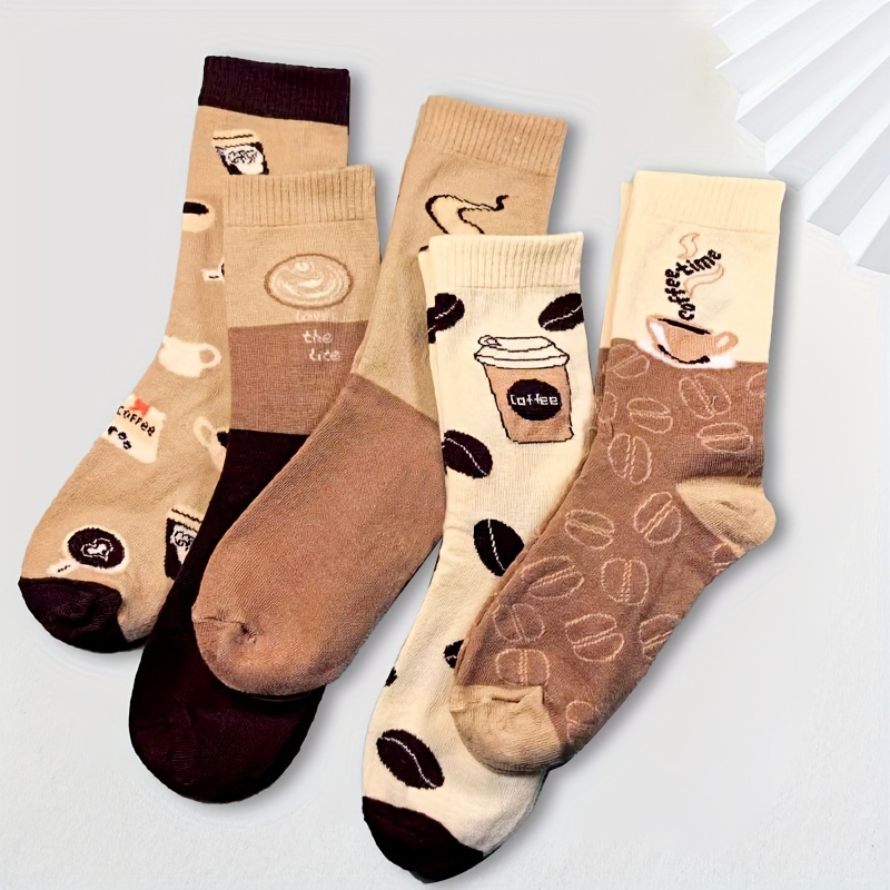 TEMU 5 Pares De Calcetines Con Estampado De Café, Calcetines De Tubo Medio De Moda Y Transpirables, Medias Y Lencería Para Mujeres