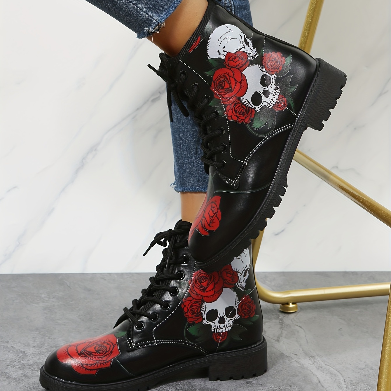 Black combat boots with 2025 roses