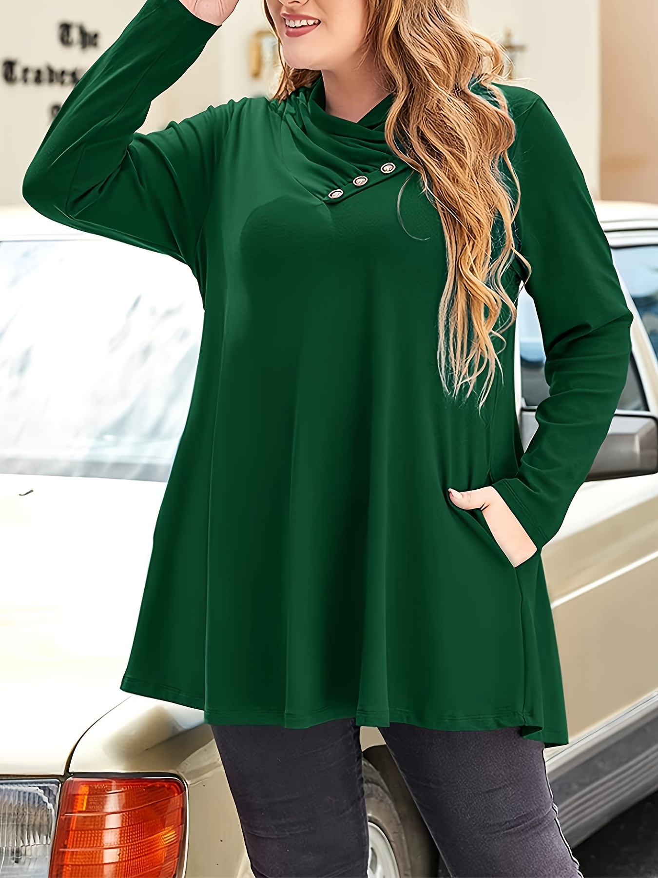 Plus Size Casual T-shirt, Women's Plus Solid Long Sleeve Surplice Neck  Button Decor High Stretch Tunic Top With Pockets