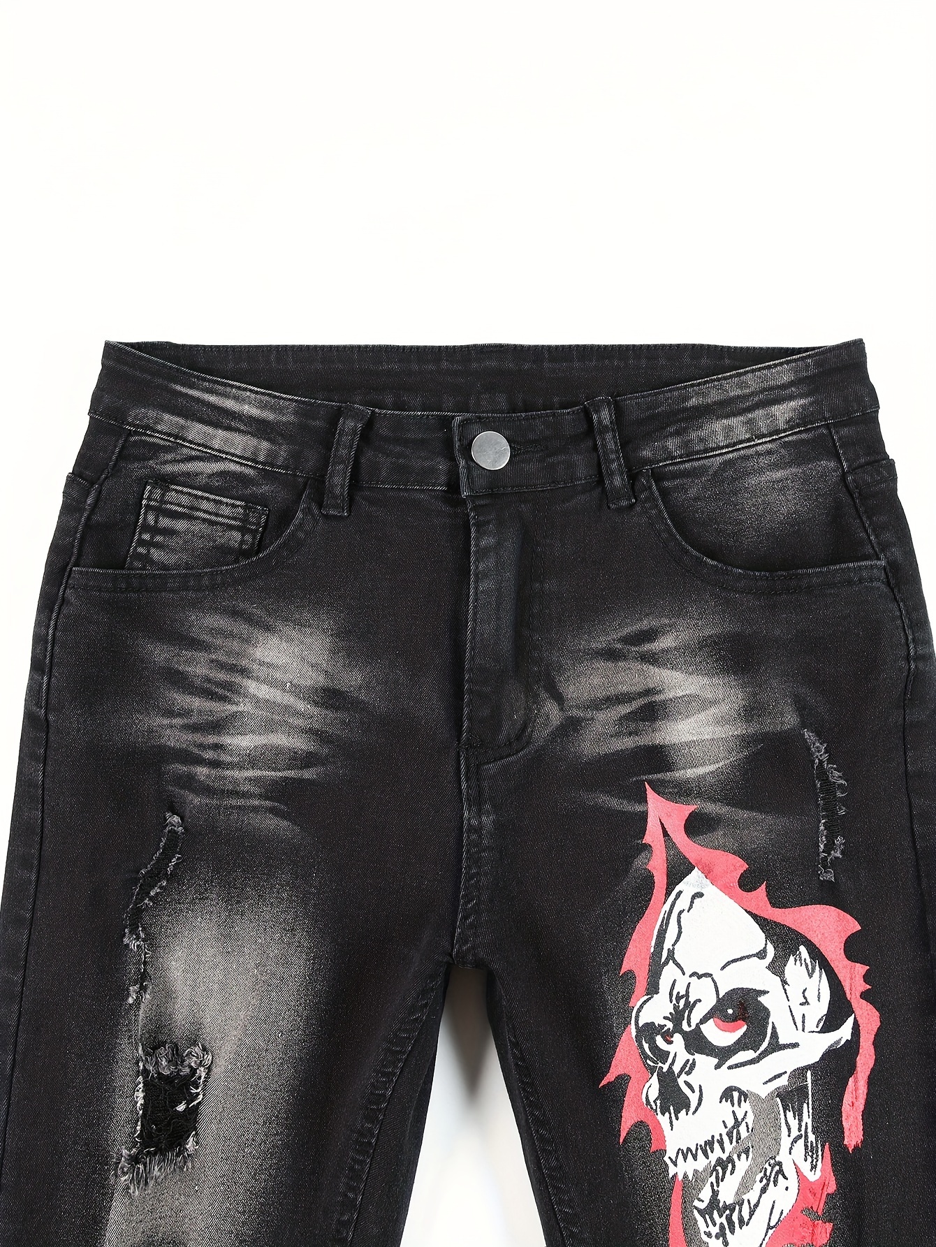 Men's Casual Skull Print Ripped Skinny Jeans Chic Street - Temu