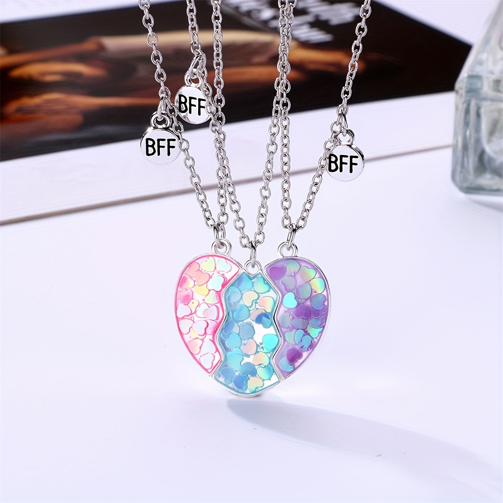 

3pcs/set Colorful Stitching Heart Shape Pendant Necklace, Sweater Chain Gift For Men