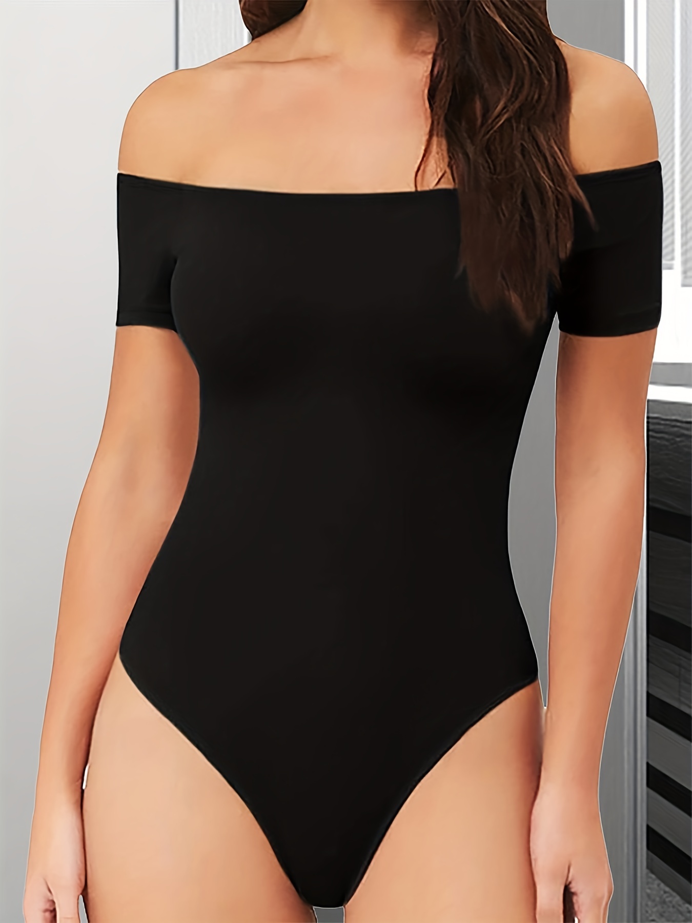 Shoulder Solid Slim Bodysuit Sexy Short Sleeve One Piece - Temu Canada