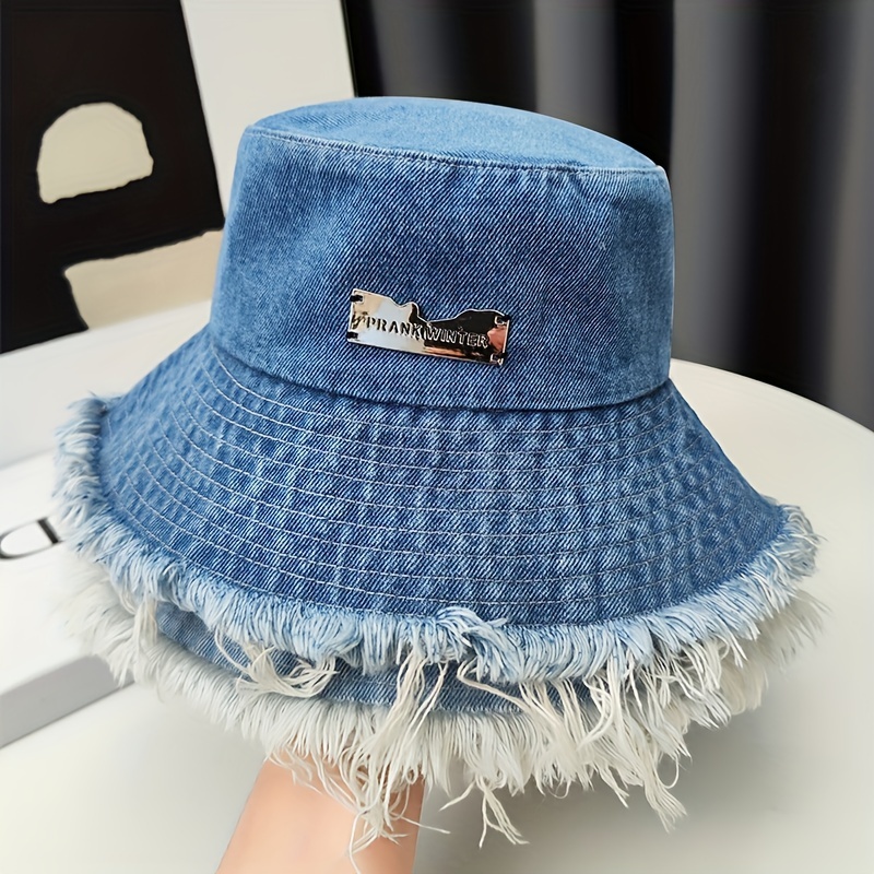 Ripped Washed Bucket Hat Unisex Tassel Denim Basin Hat Iron Label Decor