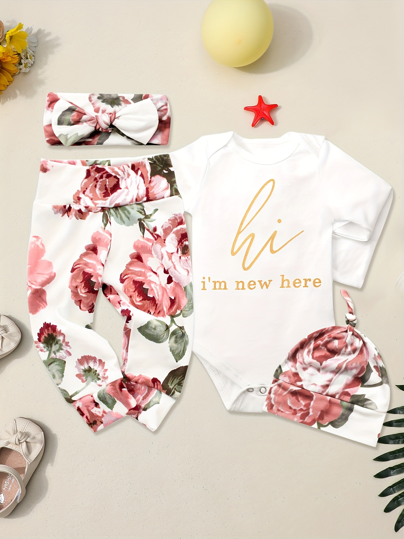 Baby Girls Cute 'm New  Short Sleeve Onesie Floral Pants - Temu Canada