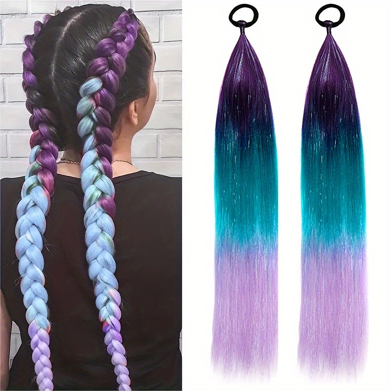 24inch synthetic braided ponytail diy ombre hair extensions with hair tinsel jumbo ponytail colorful   for braiding hair on hair tie loose tinsel hair extensions hair glitter christmas new year and holidays can wear cos for music festival details 0