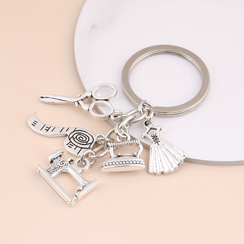 1pc new sewing machine keychain tailor key ring iron tape measure scissors dress key chain mens diy jewelry gift 4