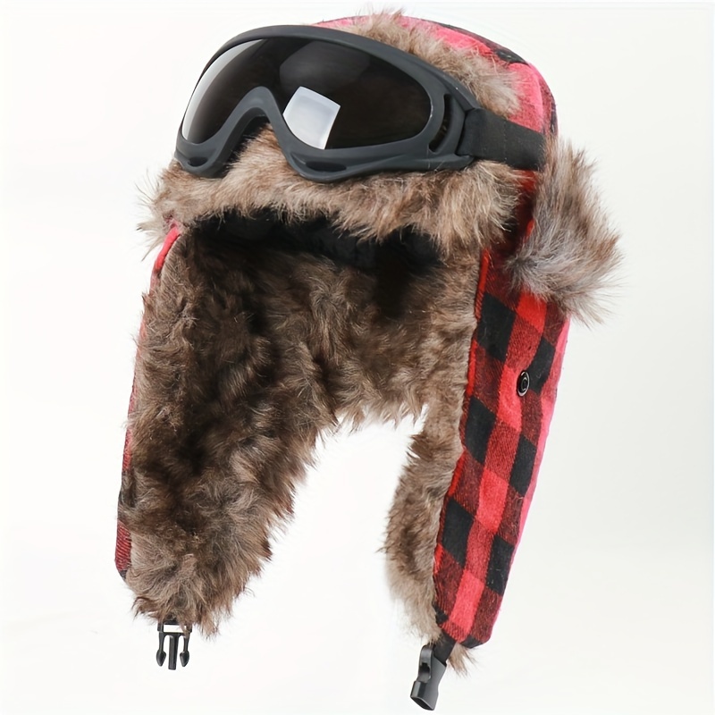 Classic Plaid Fleece Trapper Hat with Goggles unisex Coldproof Bomber Hat Thick Warm Aviator Ear Flap Hats for Women Men Winter Outdoor,Temu