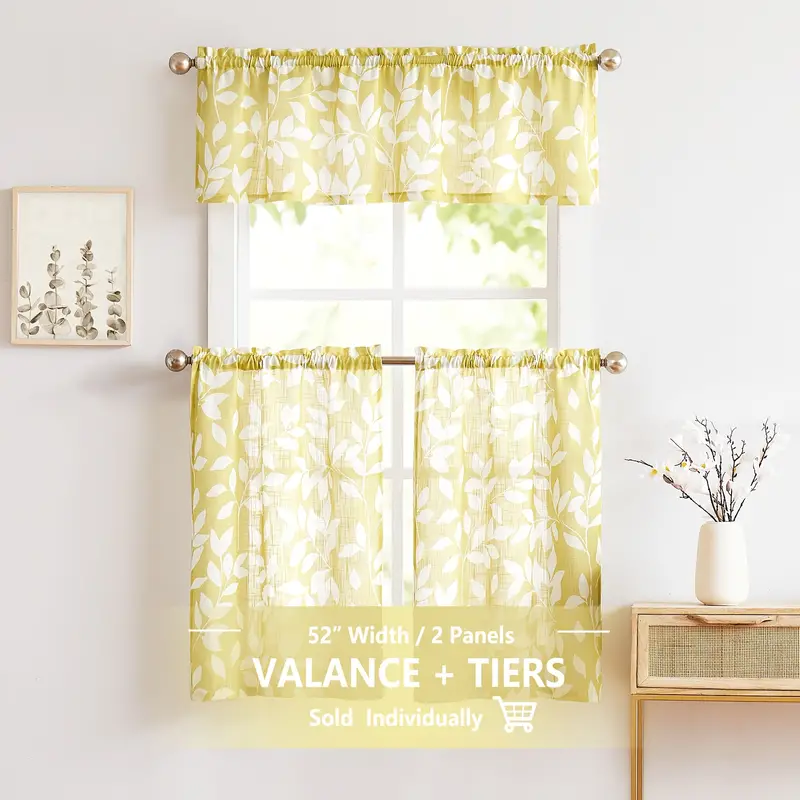 1panel Valance 2panel Cafe Curtain Leaf Printed Country Temu